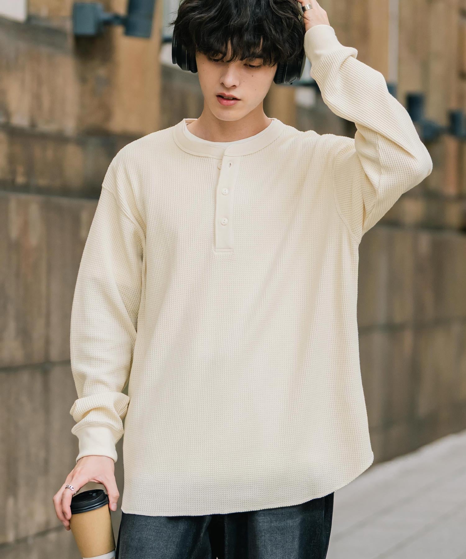 オーバーサイズ T/Cワッフルヘンリーネック長袖Tシャツ 14620
