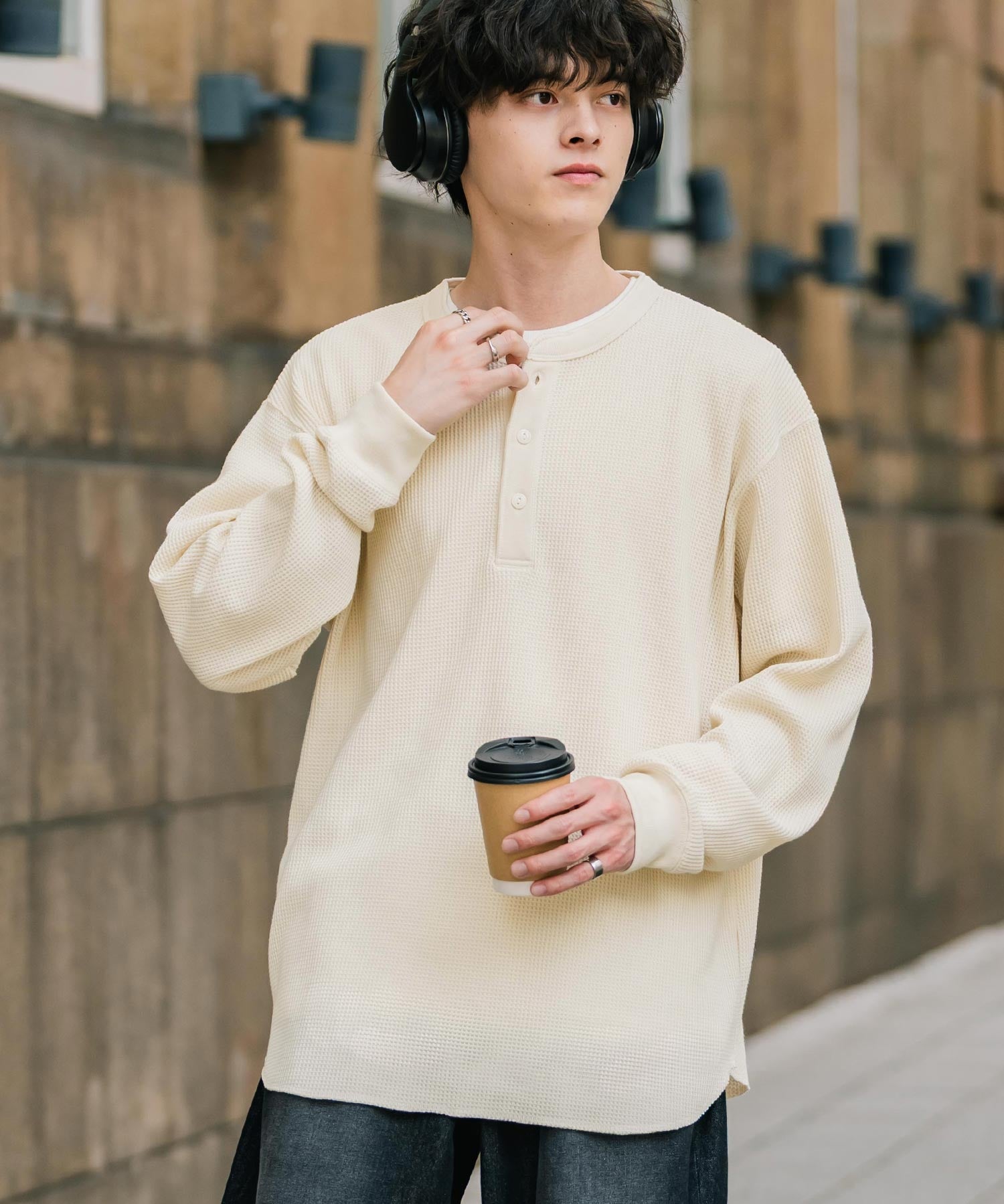 オーバーサイズ T/Cワッフルヘンリーネック長袖Tシャツ 14620