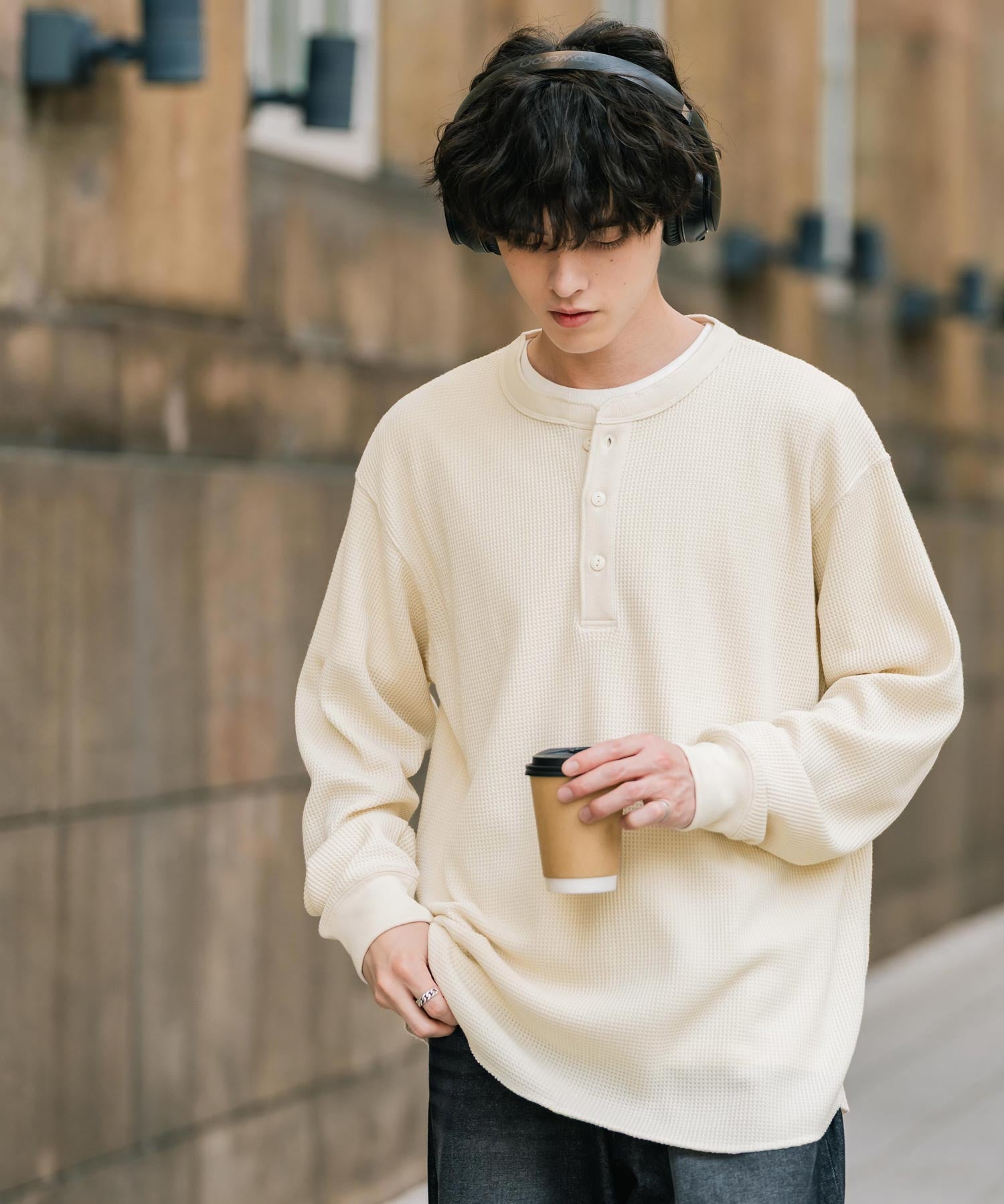 オーバーサイズ T/Cワッフルヘンリーネック長袖Tシャツ 14620