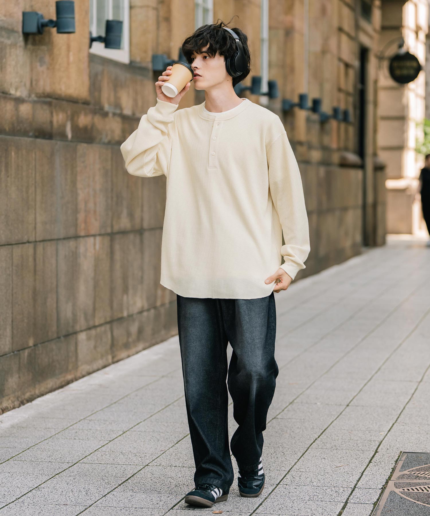 新色追加 オーバーサイズ T/Cワッフルヘンリーネック長袖Tシャツ 14620