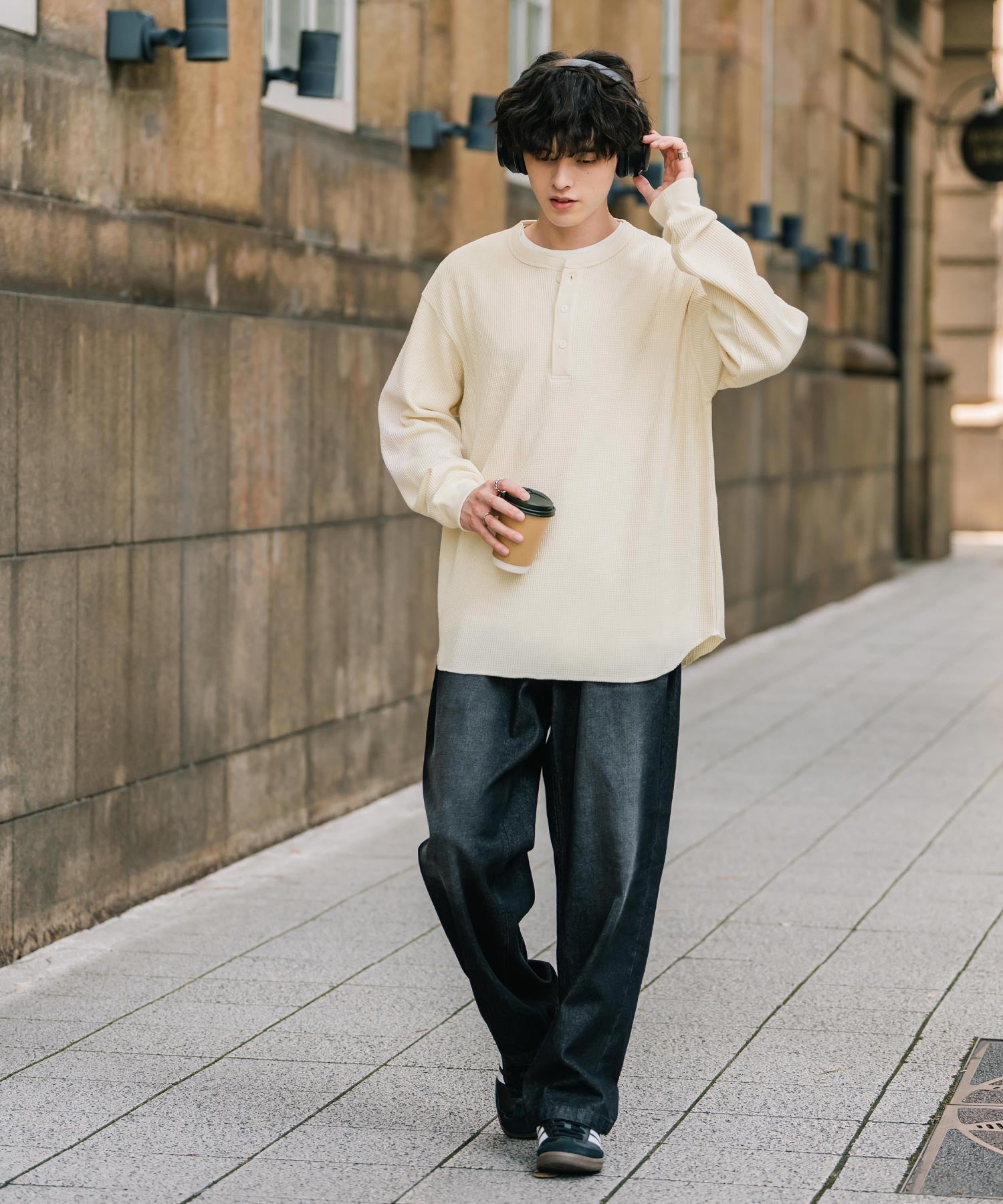 オーバーサイズ T/Cワッフルヘンリーネック長袖Tシャツ 14620