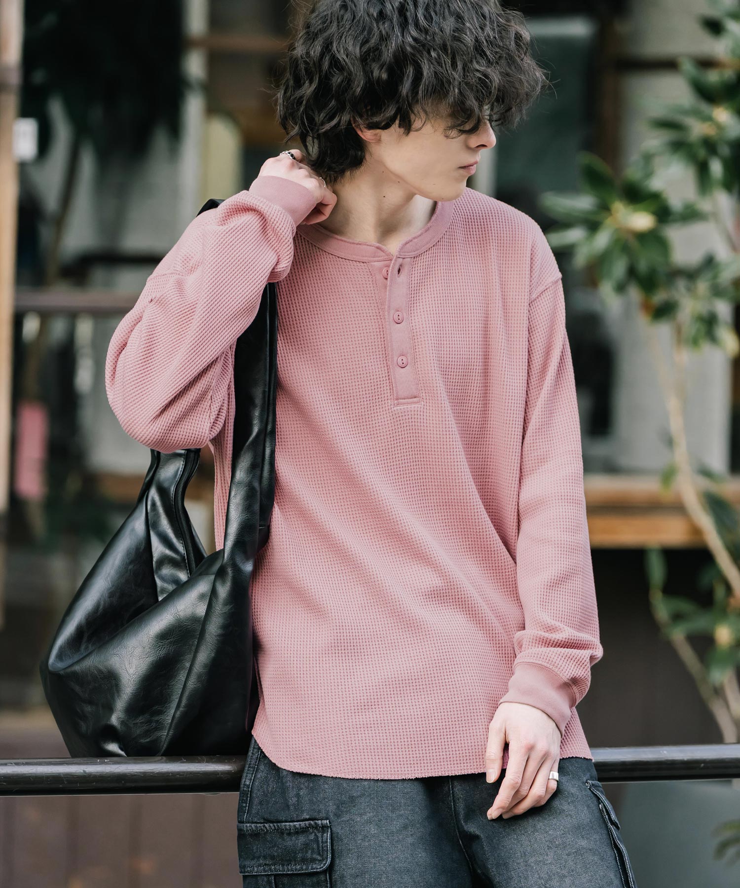 新色追加 オーバーサイズ T/Cワッフルヘンリーネック長袖Tシャツ 14620