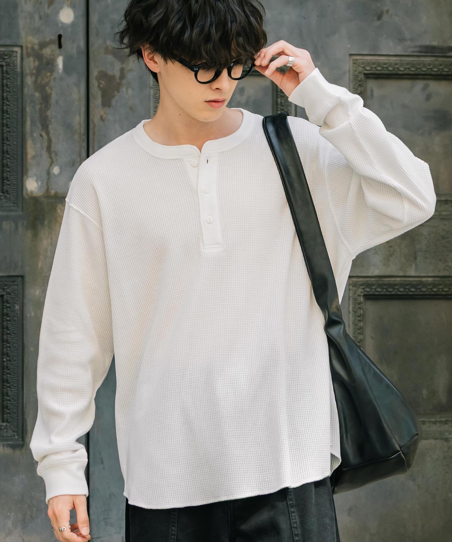 新色追加 オーバーサイズ T/Cワッフルヘンリーネック長袖Tシャツ 14620
