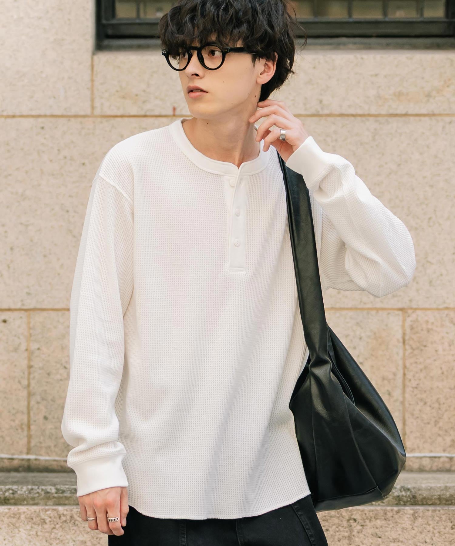 オーバーサイズ T/Cワッフルヘンリーネック長袖Tシャツ 14620