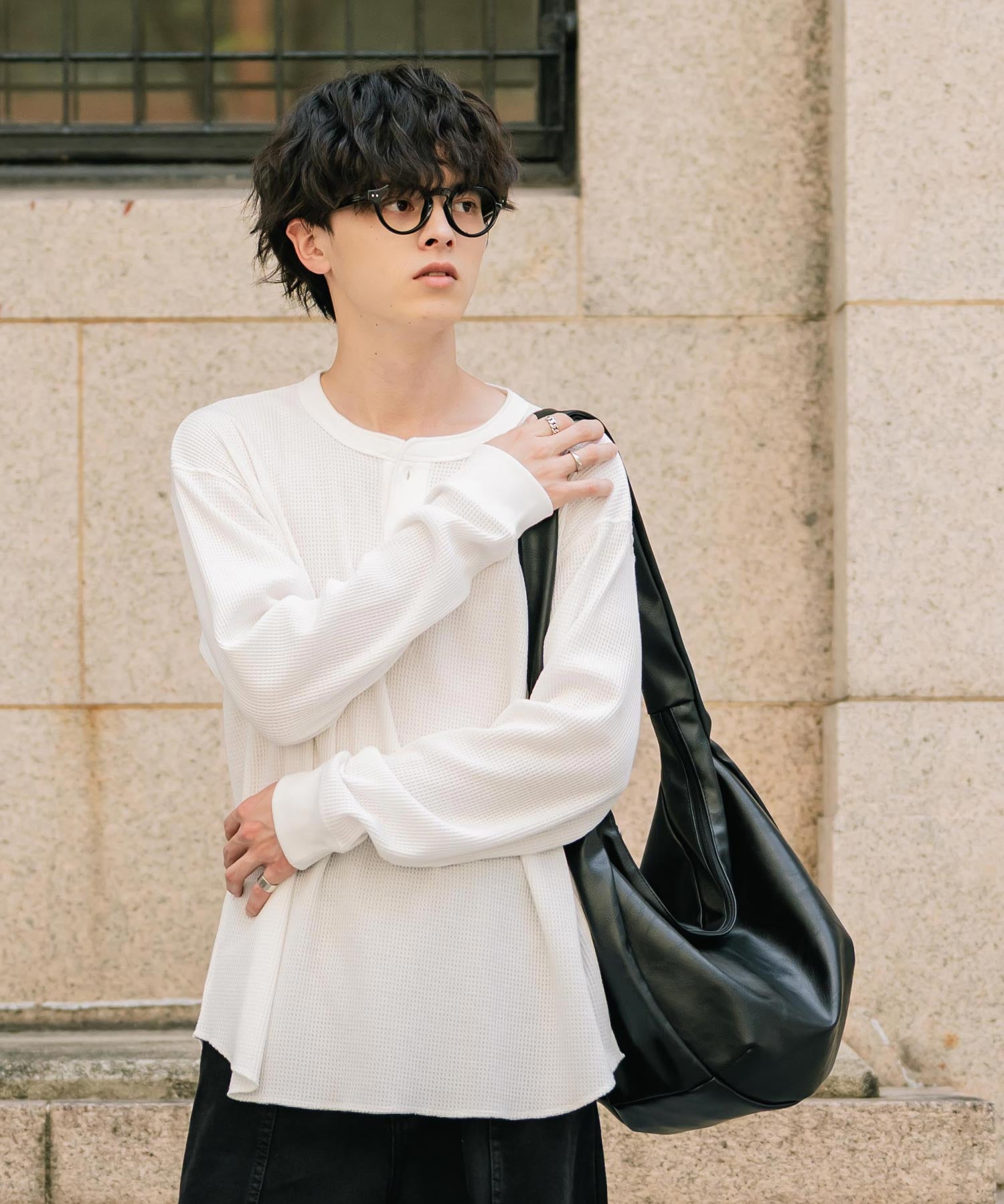 オーバーサイズ T/Cワッフルヘンリーネック長袖Tシャツ 14620