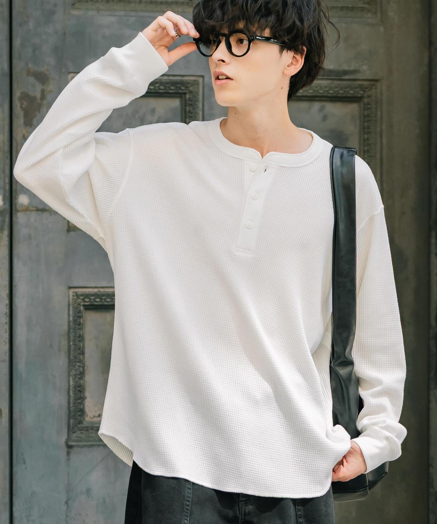 オーバーサイズ T/Cワッフルヘンリーネック長袖Tシャツ 14620