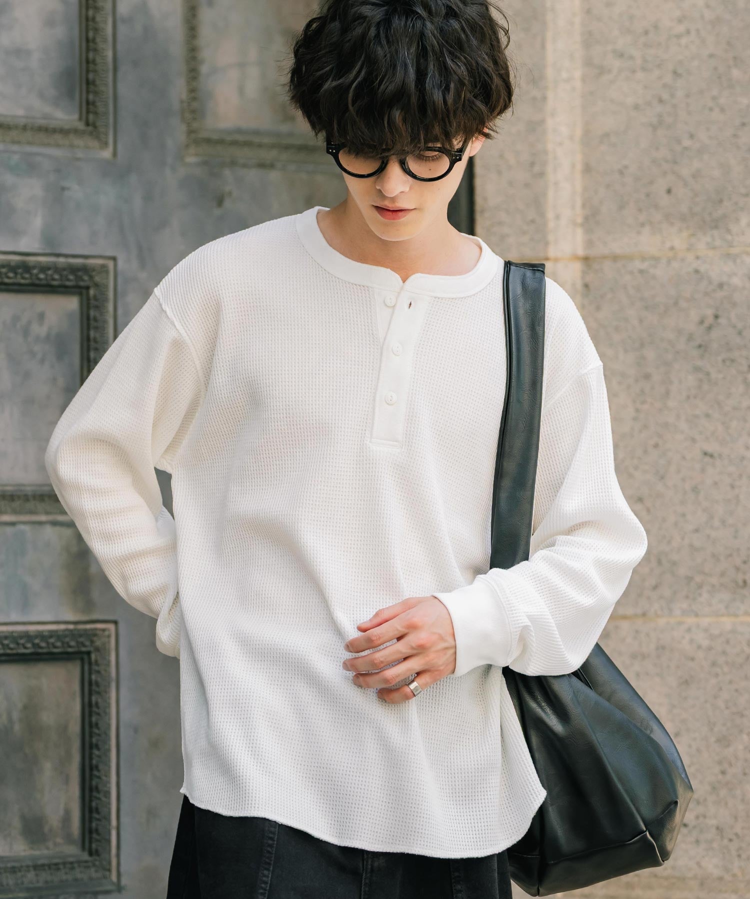 オーバーサイズ T/Cワッフルヘンリーネック長袖Tシャツ 14620