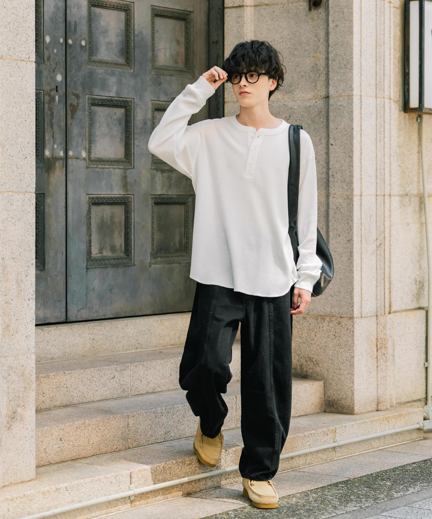 オーバーサイズ T/Cワッフルヘンリーネック長袖Tシャツ 14620