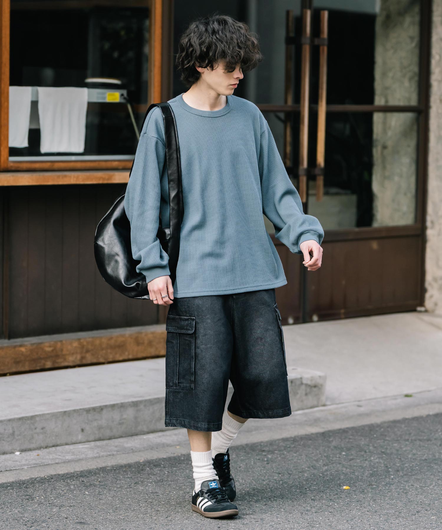新色追加 オーバーサイズ T/Cワッフルクルーネック長袖Tシャツ 14621