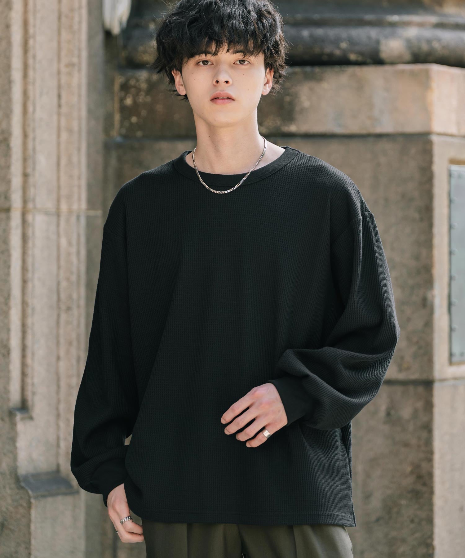 オーバーサイズ T/Cワッフルクルーネック長袖Tシャツ 14621