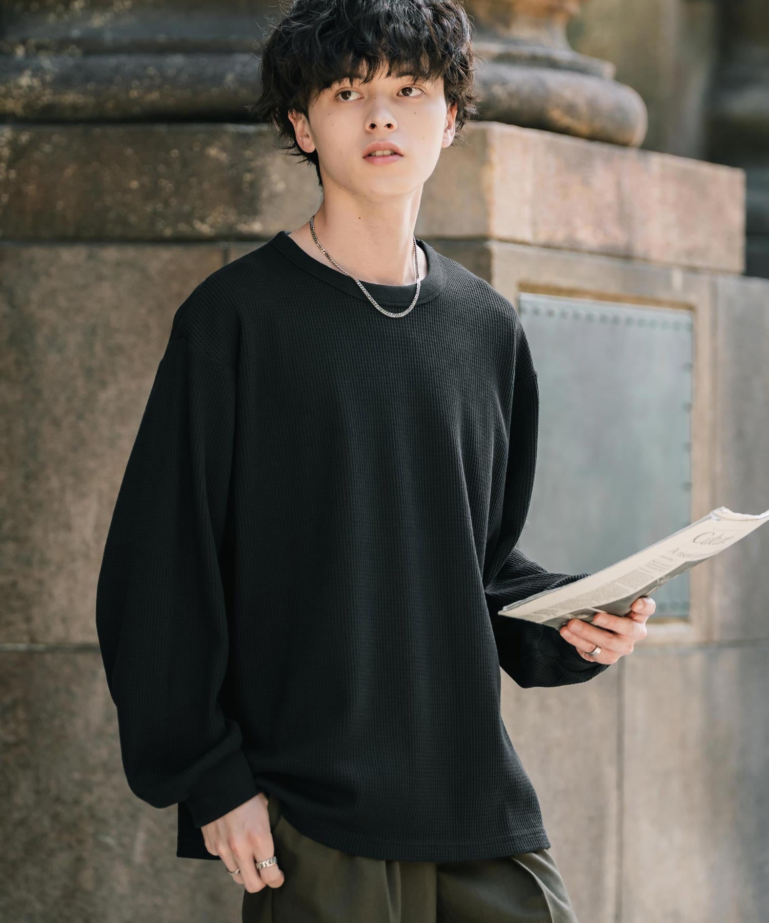 オーバーサイズ T/Cワッフルクルーネック長袖Tシャツ 14621