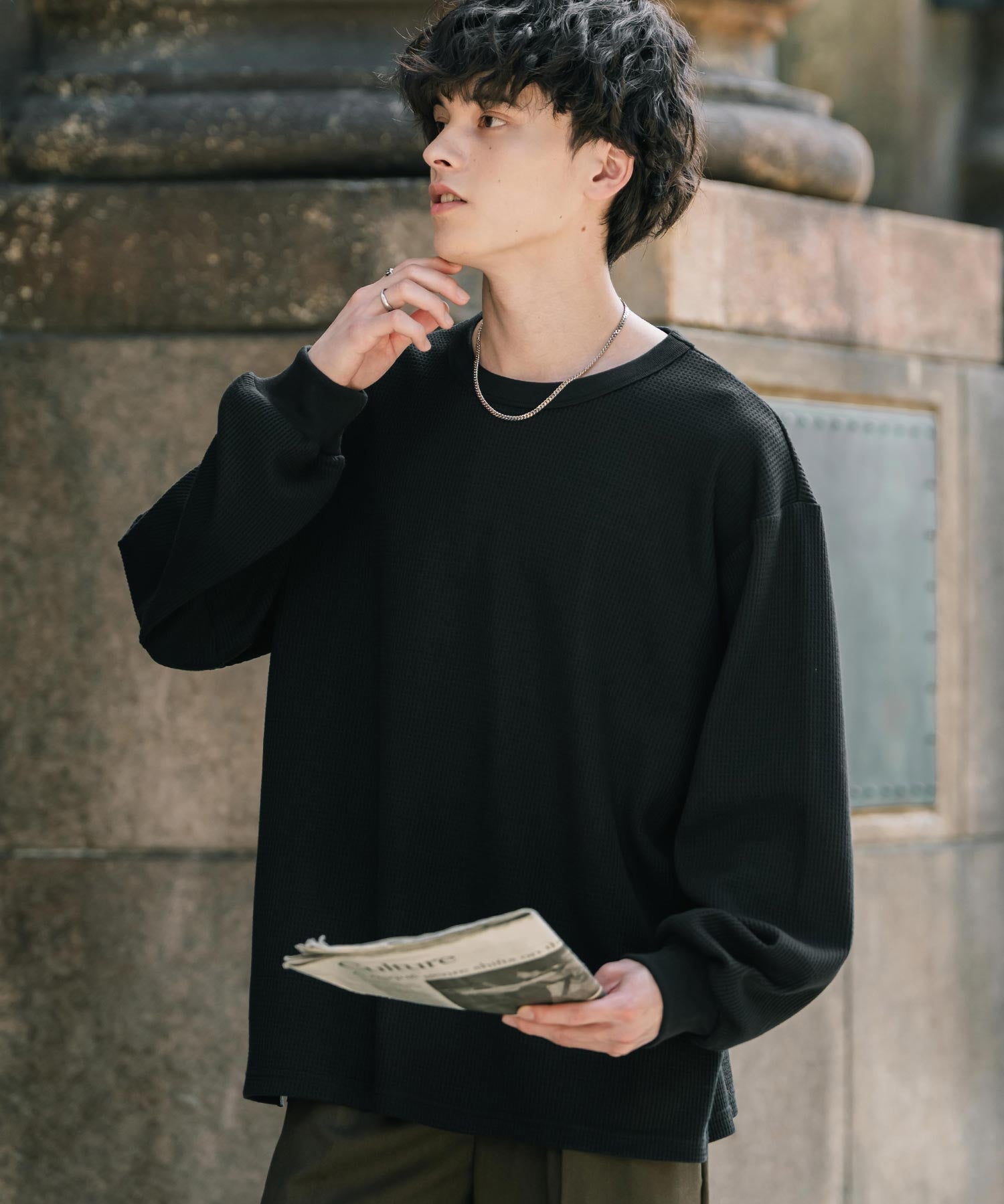 オーバーサイズ T/Cワッフルクルーネック長袖Tシャツ 14621