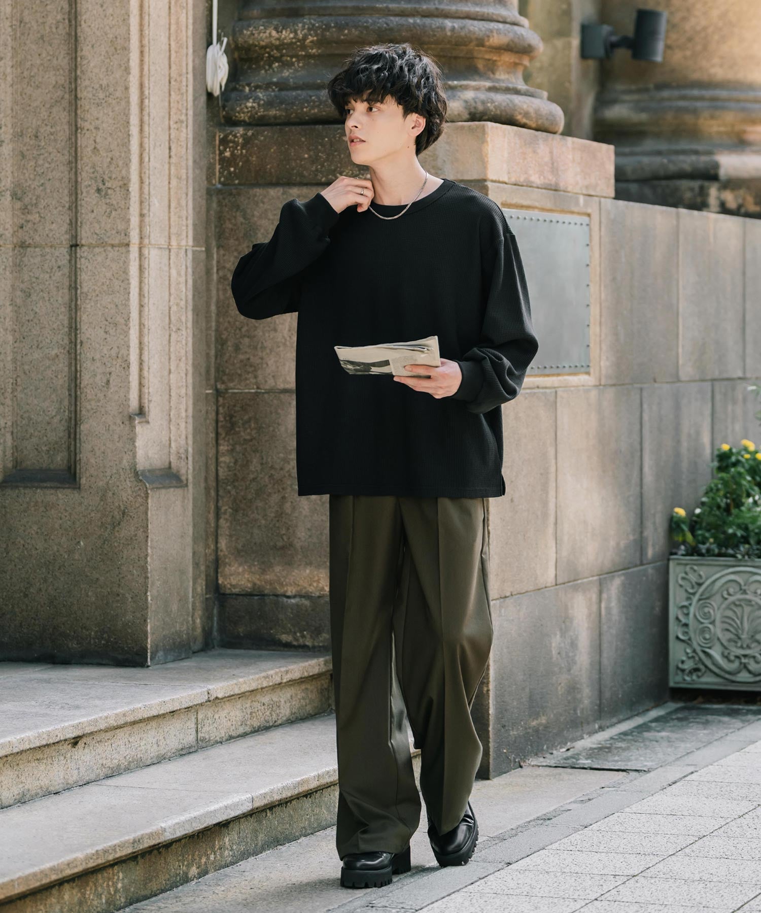 オーバーサイズ T/Cワッフルクルーネック長袖Tシャツ 14621