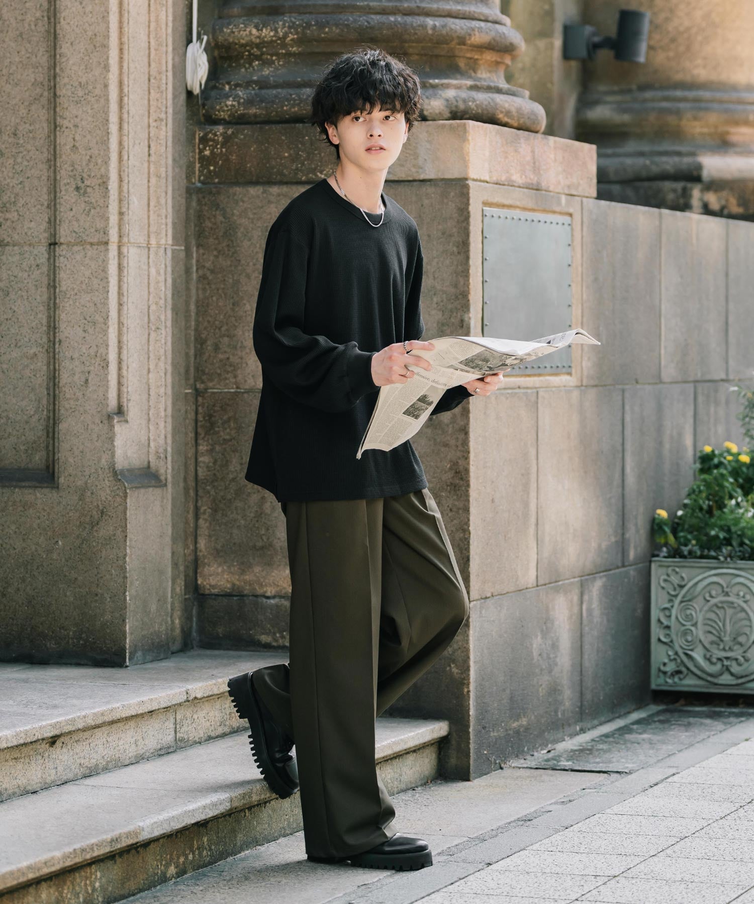 オーバーサイズ T/Cワッフルクルーネック長袖Tシャツ 14621