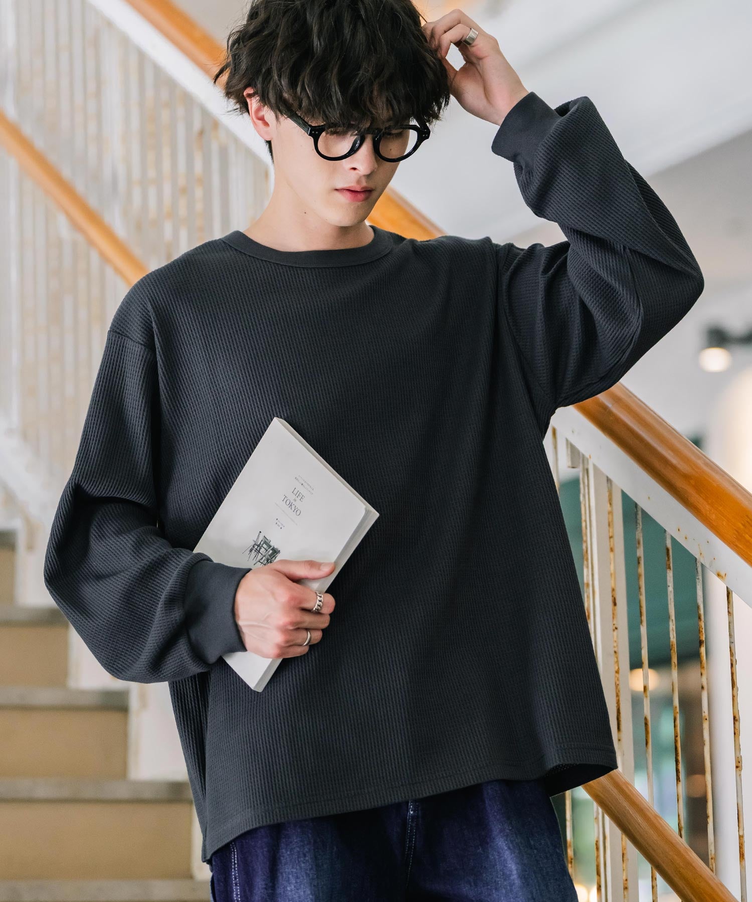 オーバーサイズ T/Cワッフルクルーネック長袖Tシャツ 14621