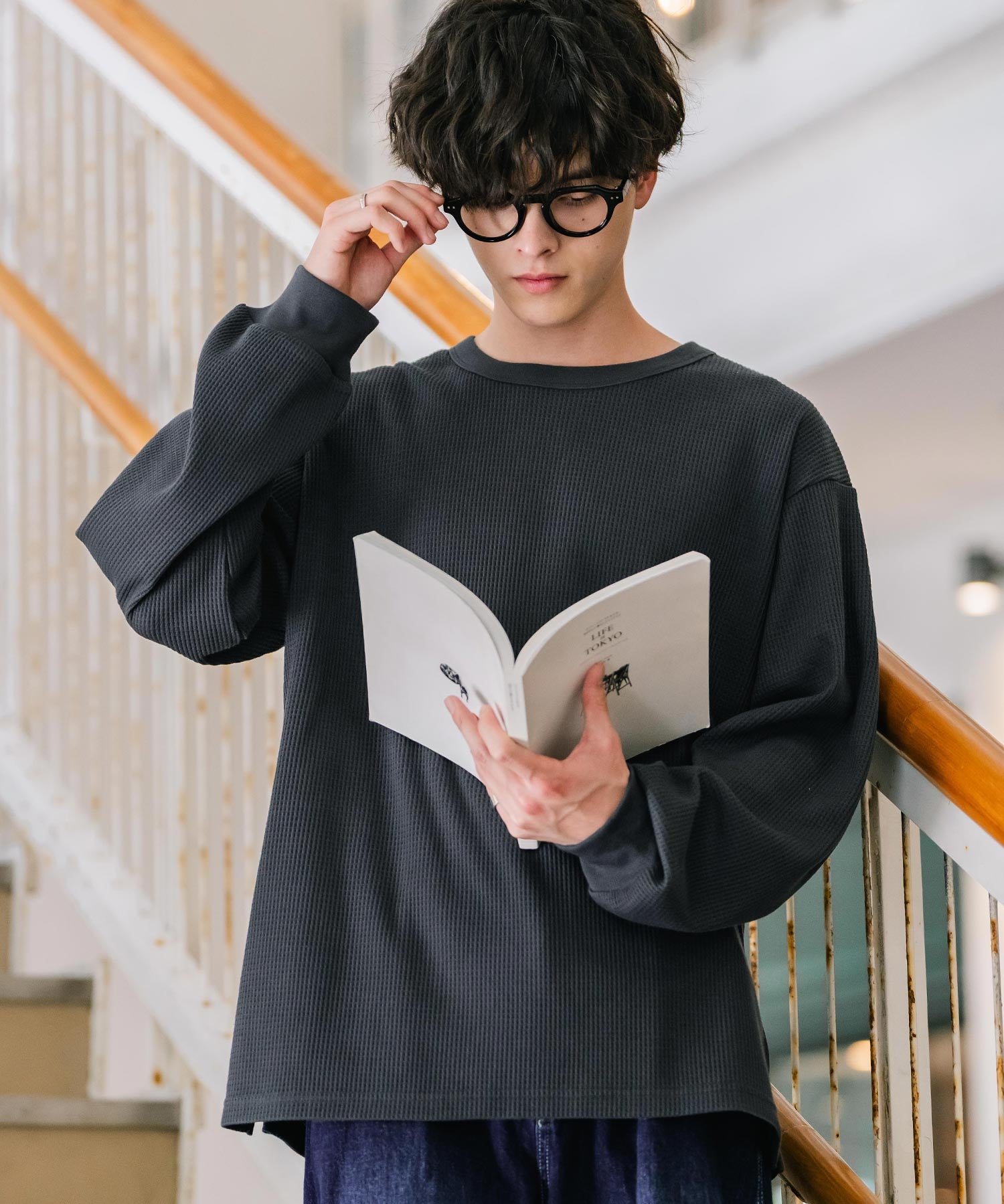 オーバーサイズ T/Cワッフルクルーネック長袖Tシャツ 14621
