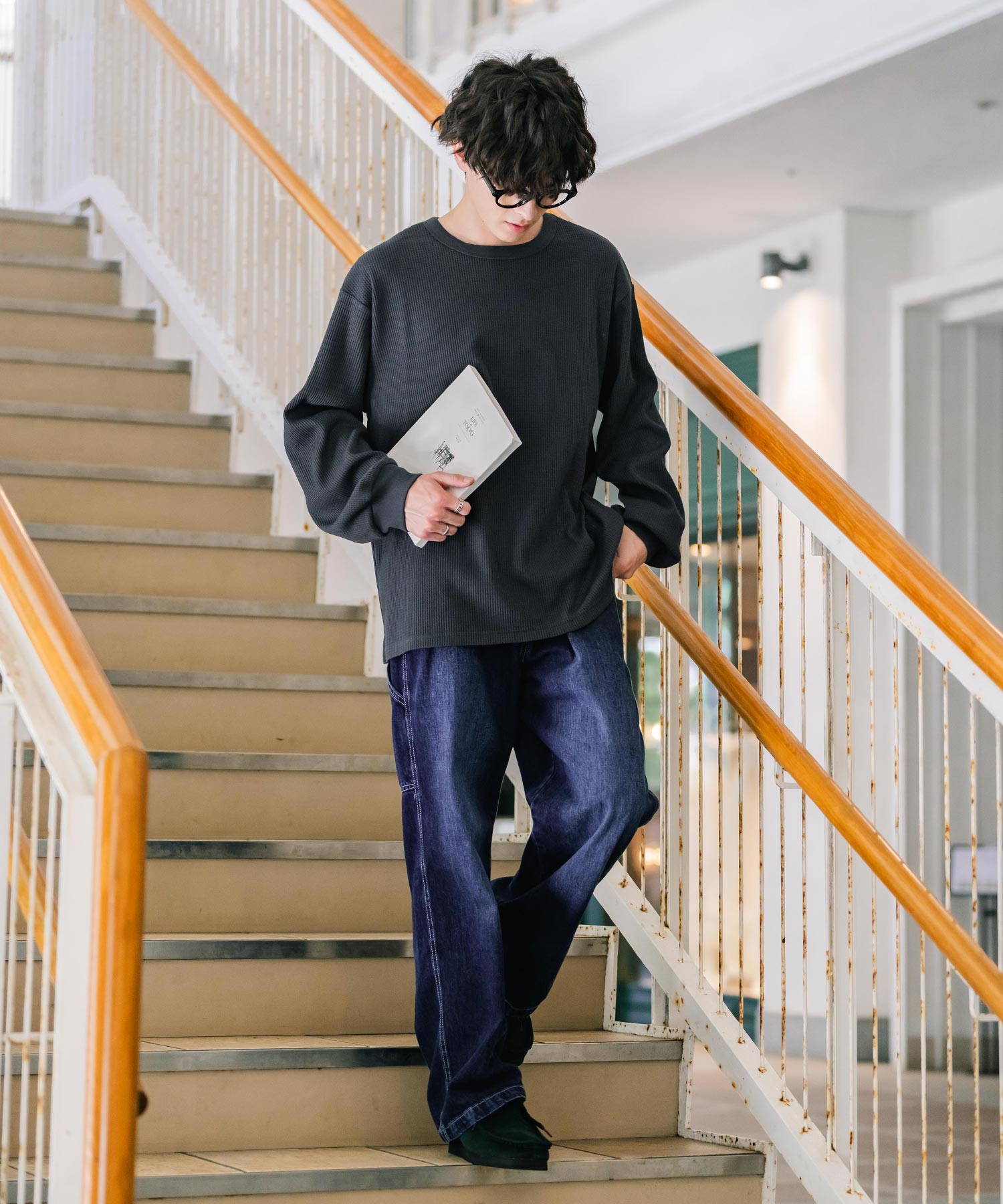グッドイナフ　ワッフル長袖カットソー　黒/白　XL 新色追加 オーバーサイズ T/Cワッフルクルーネック長袖Tシャツ 14621