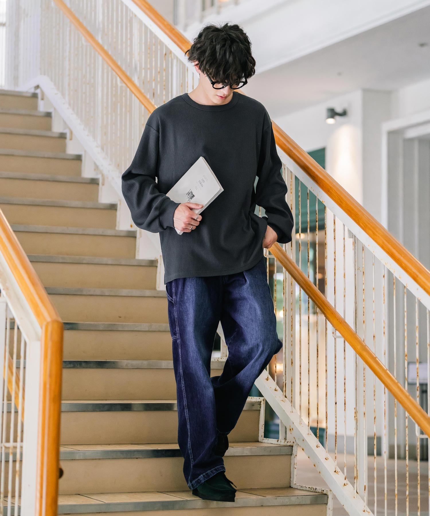 オーバーサイズ T/Cワッフルクルーネック長袖Tシャツ 14621