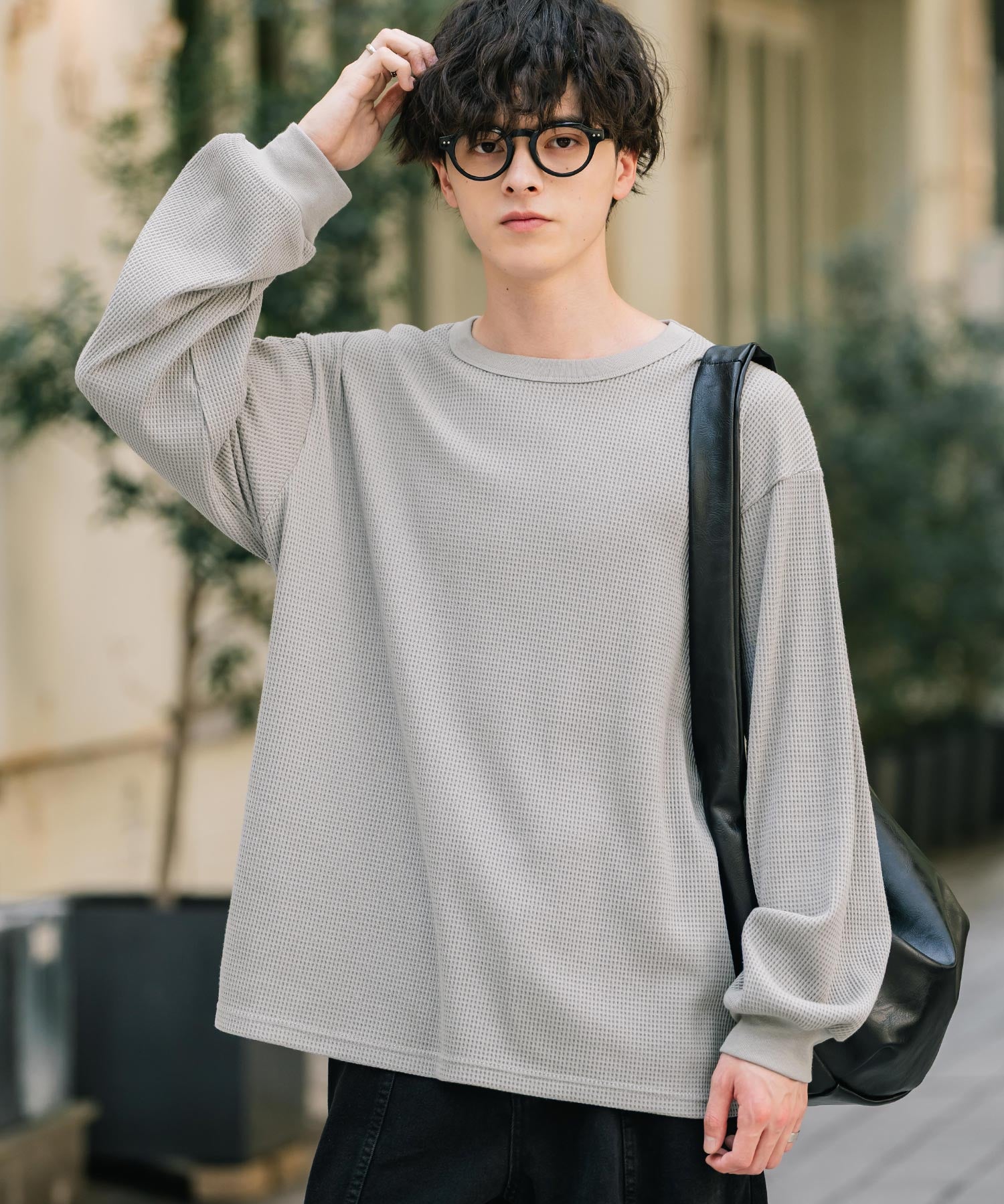 オーバーサイズ T/Cワッフルクルーネック長袖Tシャツ 14621