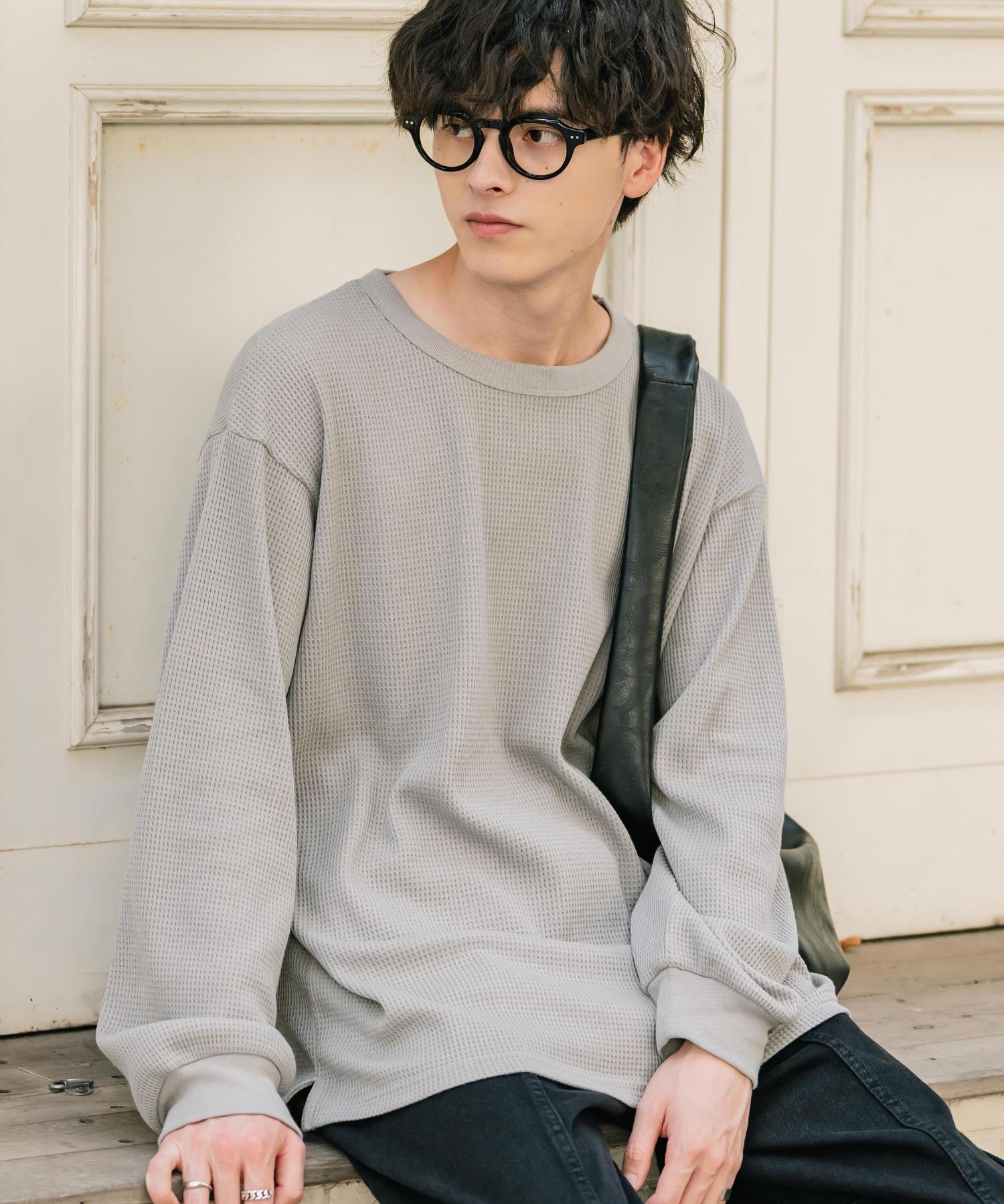 オーバーサイズ T/Cワッフルクルーネック長袖Tシャツ 14621