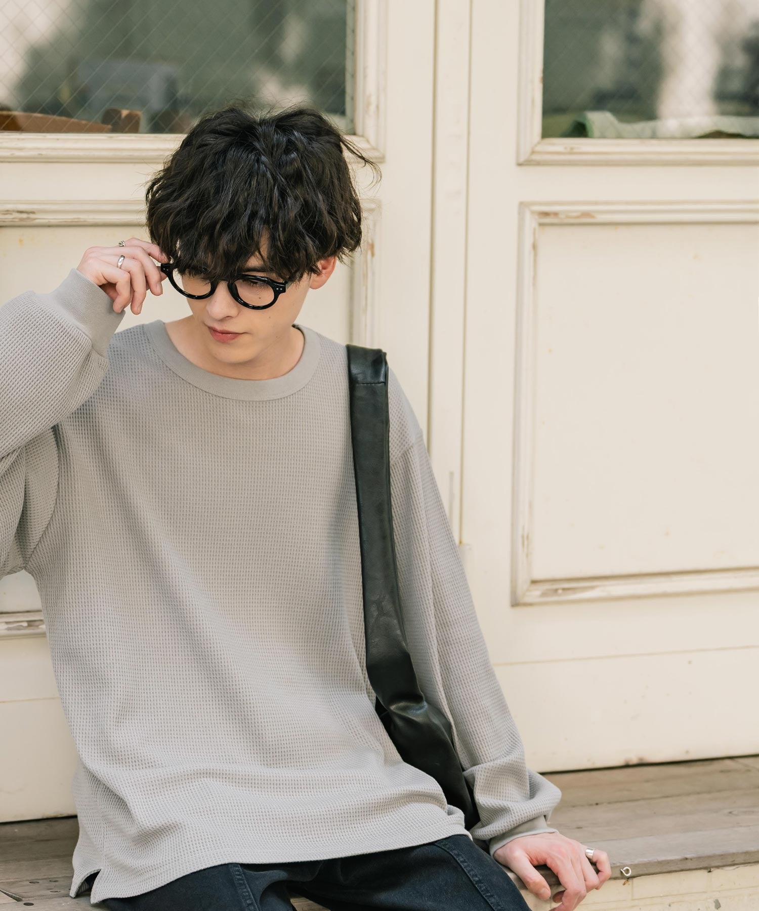 オーバーサイズ T/Cワッフルクルーネック長袖Tシャツ 14621