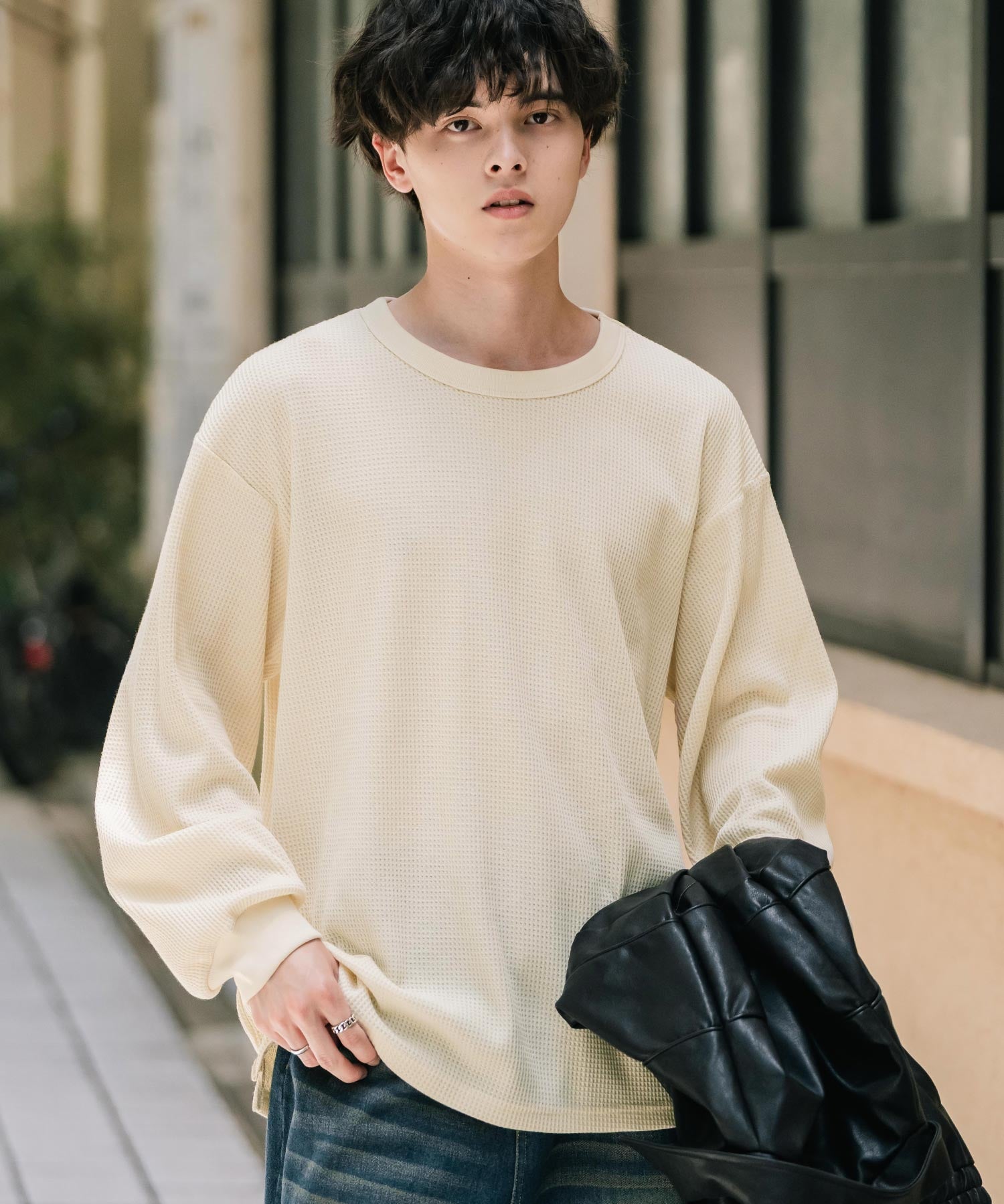 オーバーサイズ T/Cワッフルクルーネック長袖Tシャツ 14621