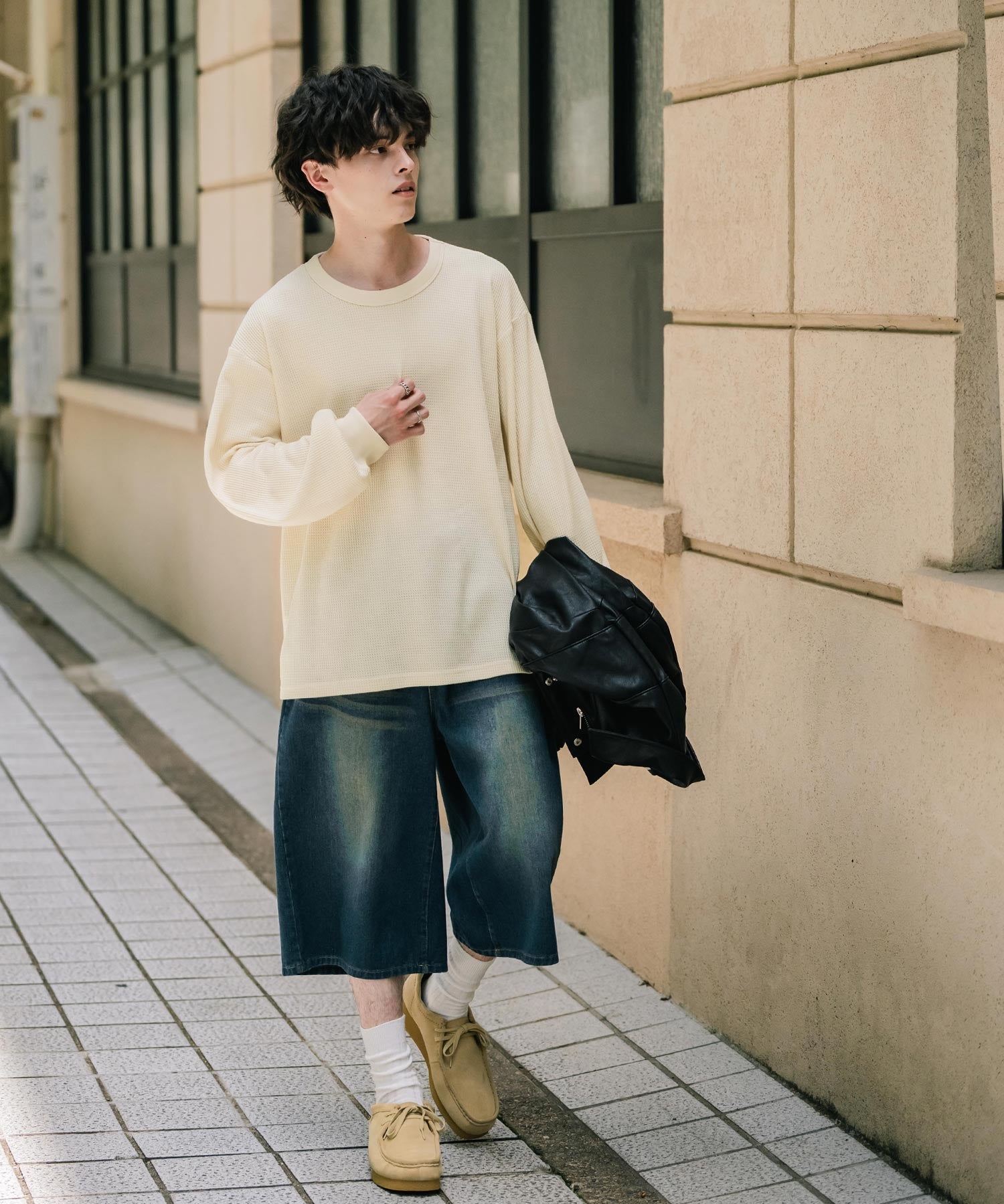 オーバーサイズ T/Cワッフルクルーネック長袖Tシャツ 14621
