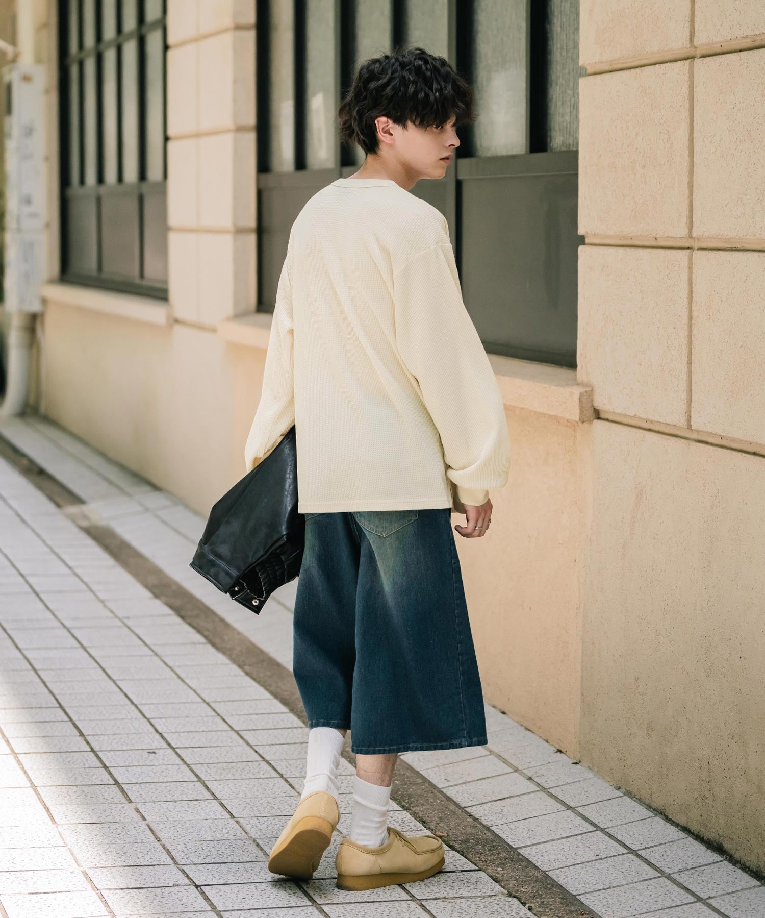 オーバーサイズ T/Cワッフルクルーネック長袖Tシャツ 14621