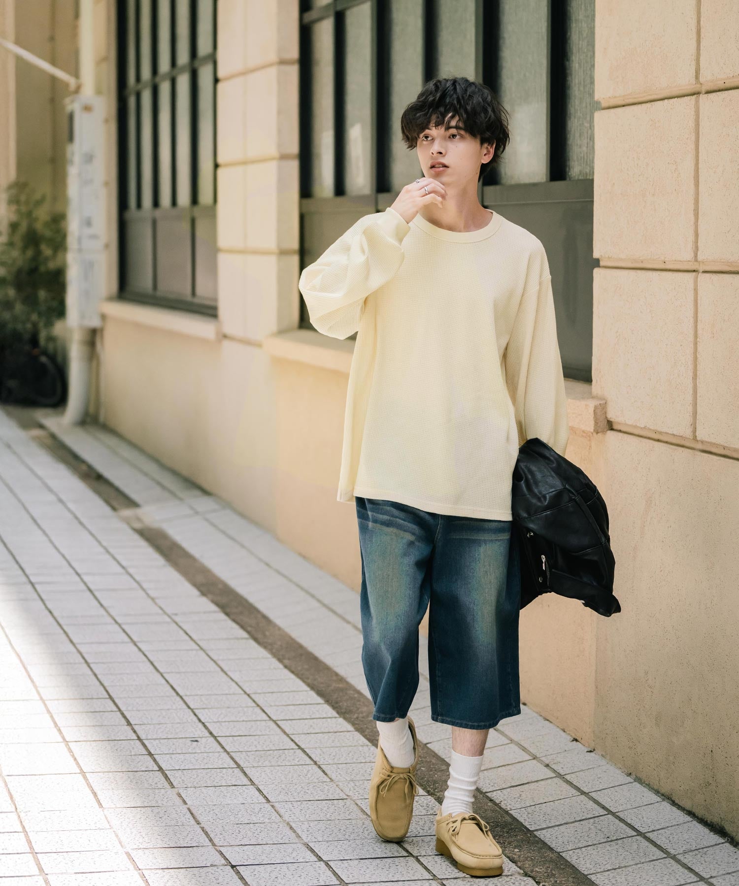 オーバーサイズ T/Cワッフルクルーネック長袖Tシャツ 14621