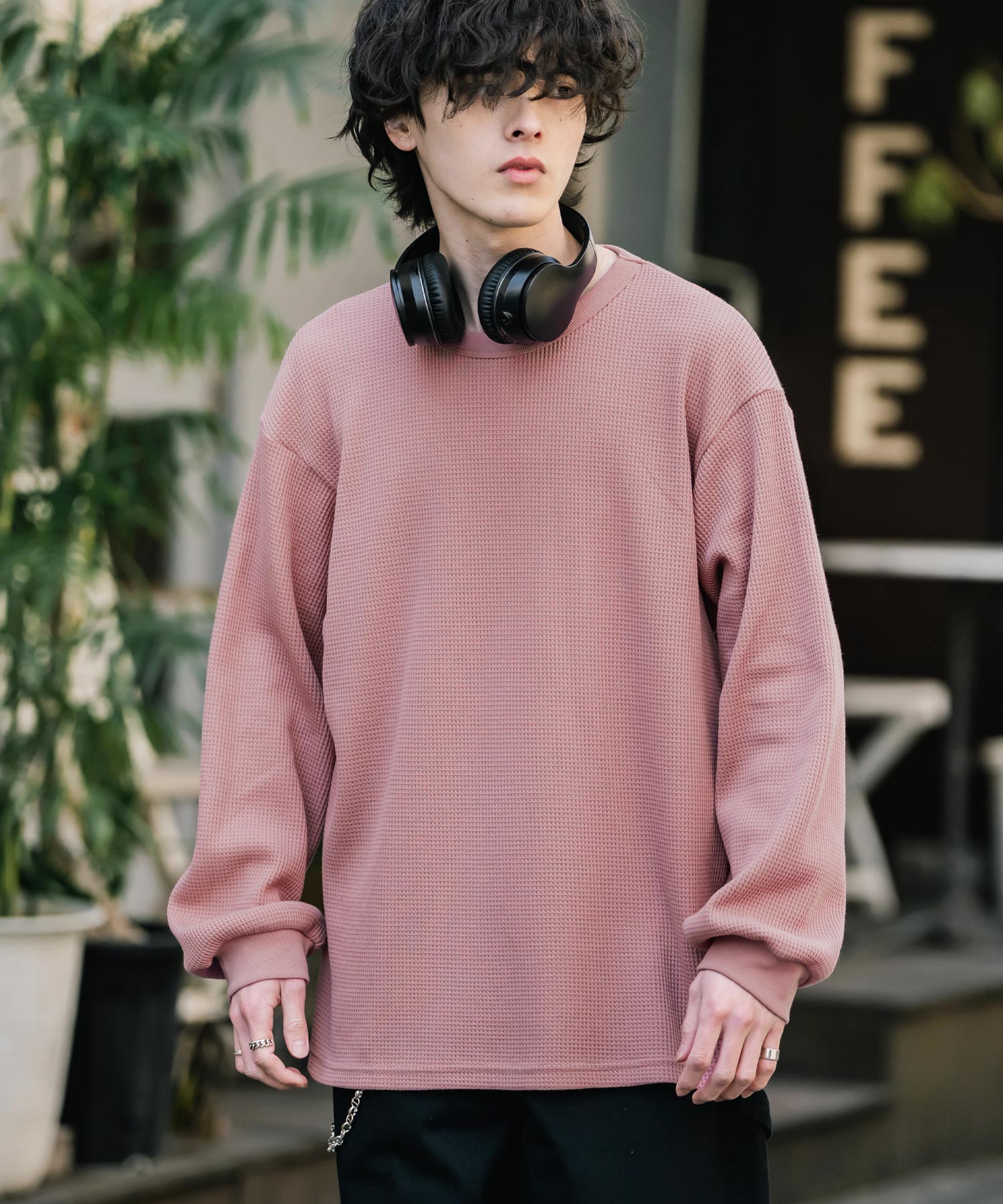新色追加 オーバーサイズ T/Cワッフルクルーネック長袖Tシャツ 14621
