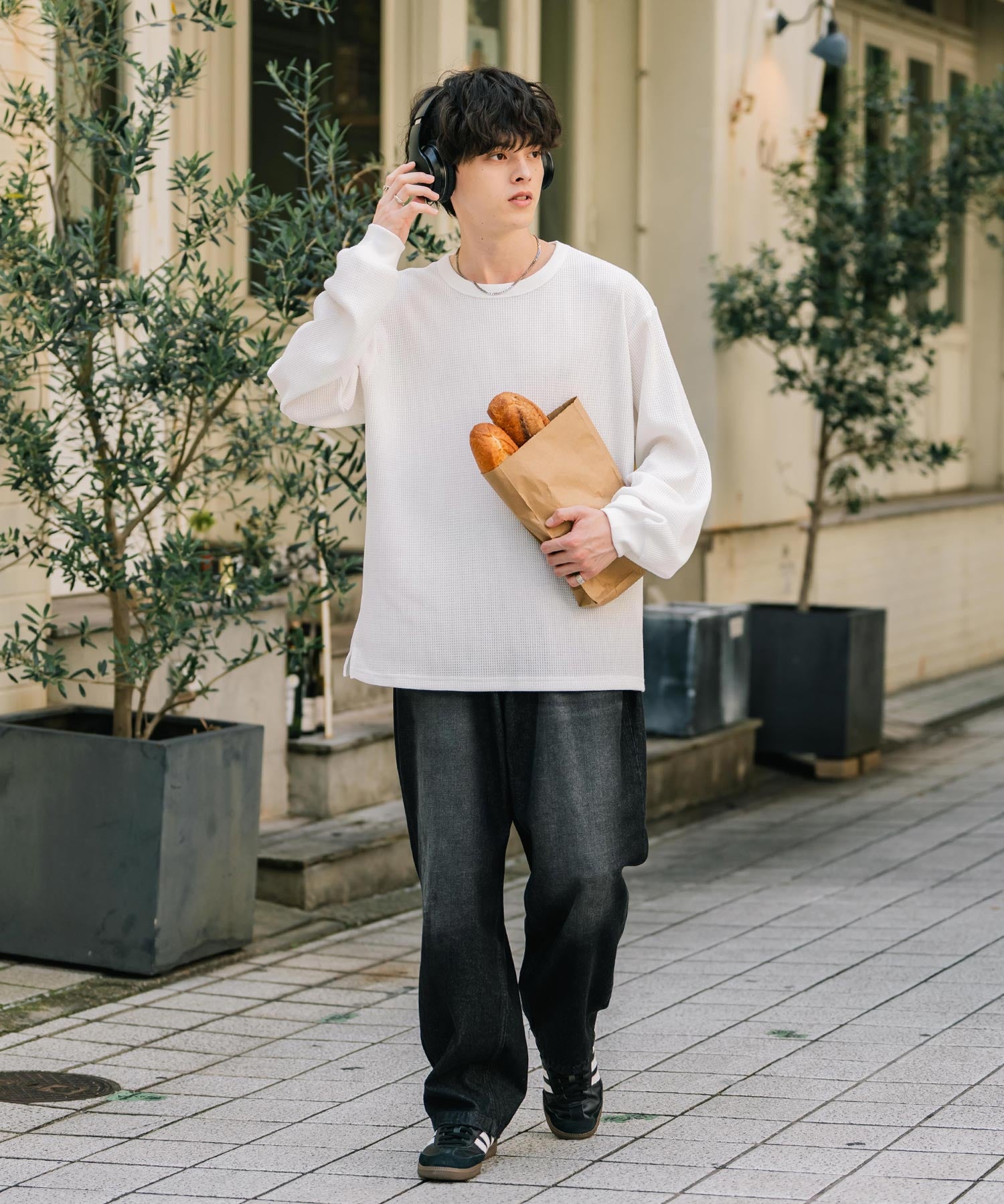 オーバーサイズ T/Cワッフルクルーネック長袖Tシャツ 14621
