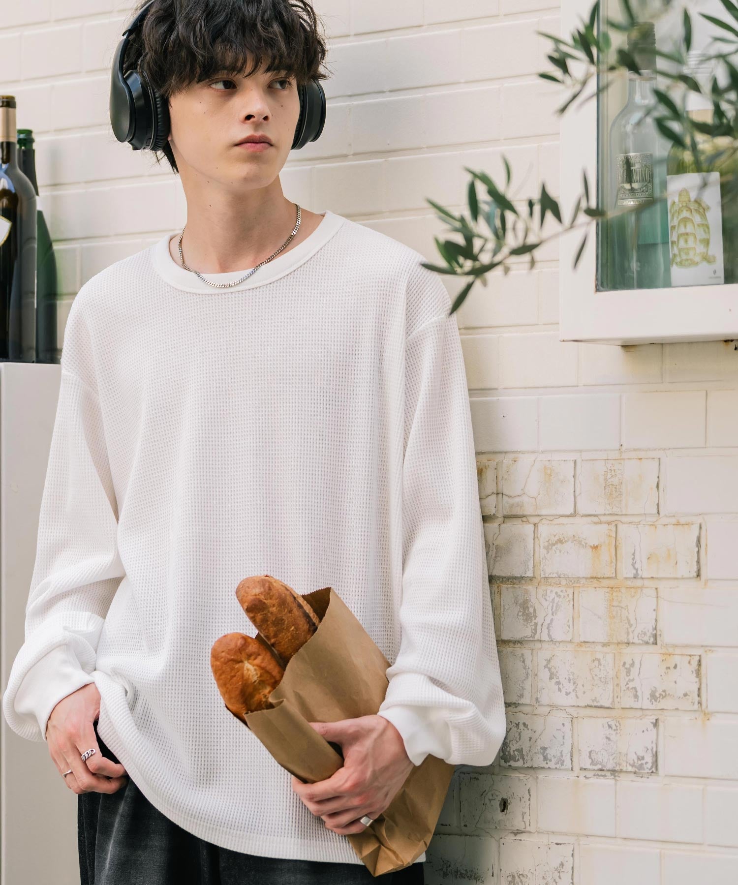 オーバーサイズ T/Cワッフルクルーネック長袖Tシャツ 14621