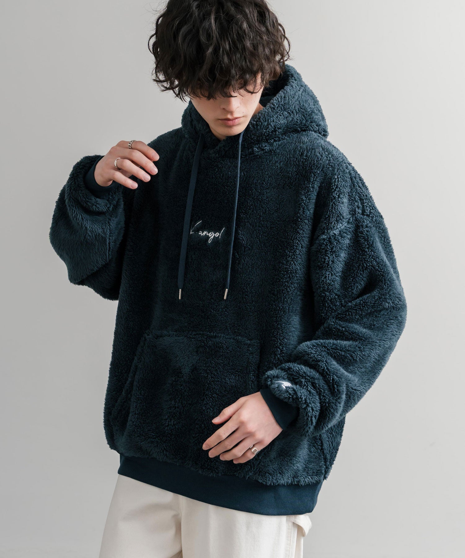 新色追加 KANGOL カンゴール 別注コラボ ロゴ刺繍シャギーボアフリースプルオーバーパーカー 14624
