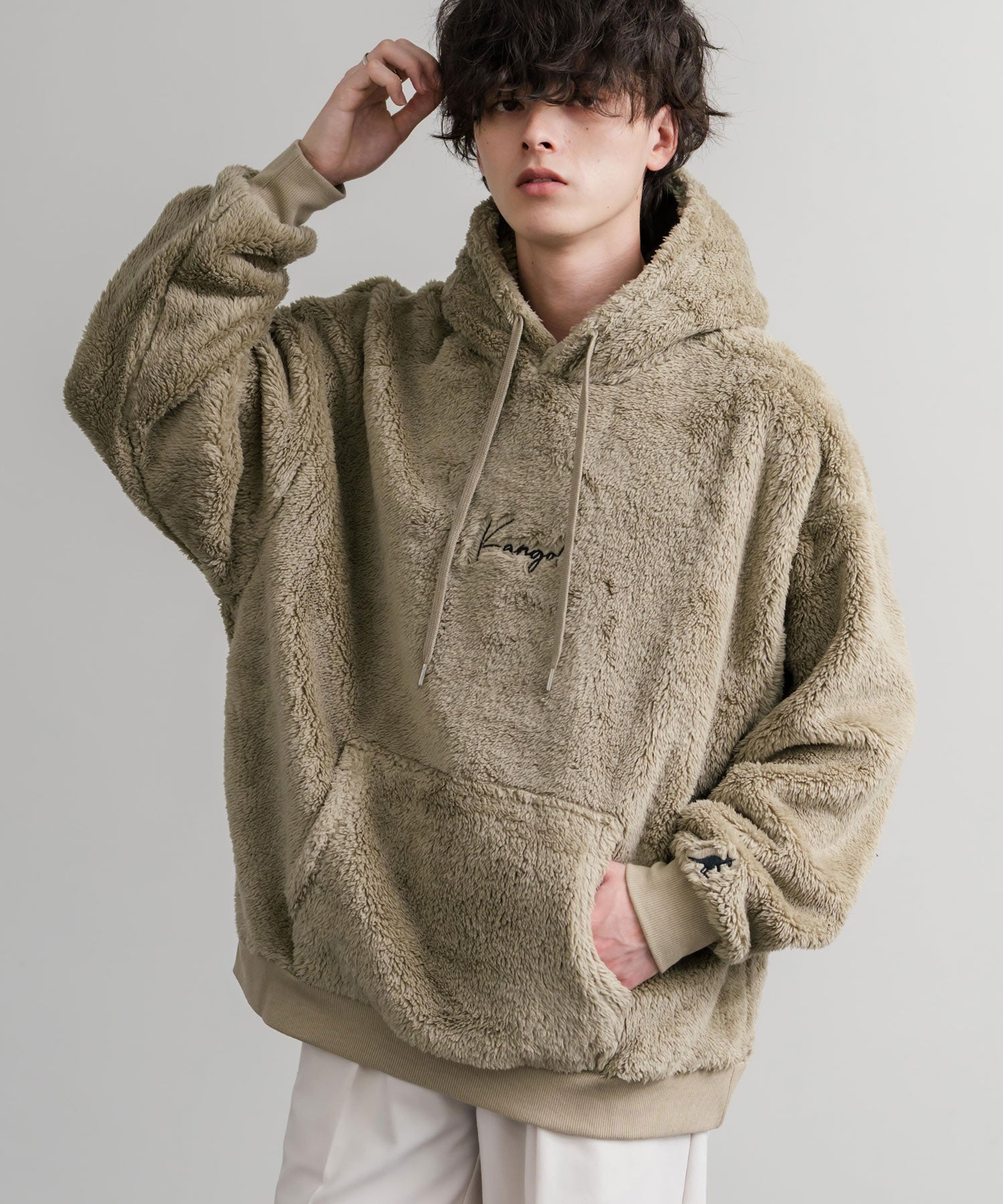 KANGOL カンゴール 別注コラボ ロゴ刺繍シャギーボアフリースプルオーバーパーカー 14624