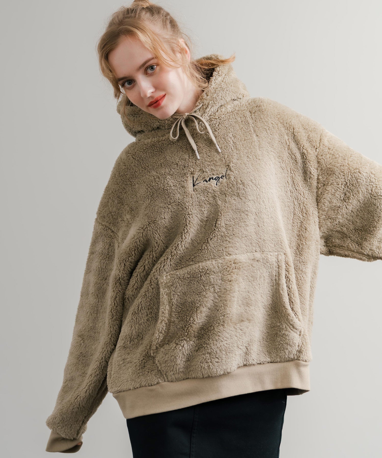 KANGOL カンゴール 別注コラボ ロゴ刺繍シャギーボアフリースプルオーバーパーカー 14624
