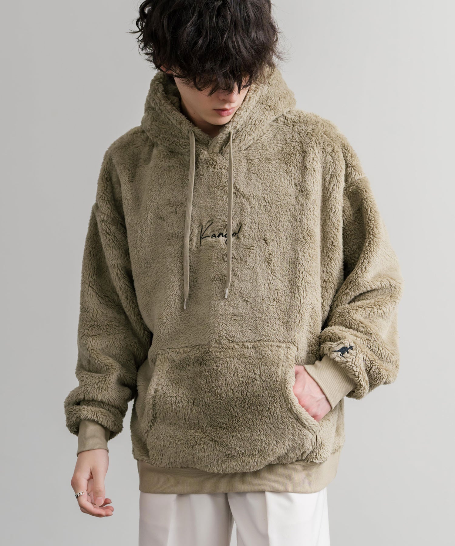 KANGOL カンゴール 別注コラボ ロゴ刺繍シャギーボアフリースプルオーバーパーカー 14624