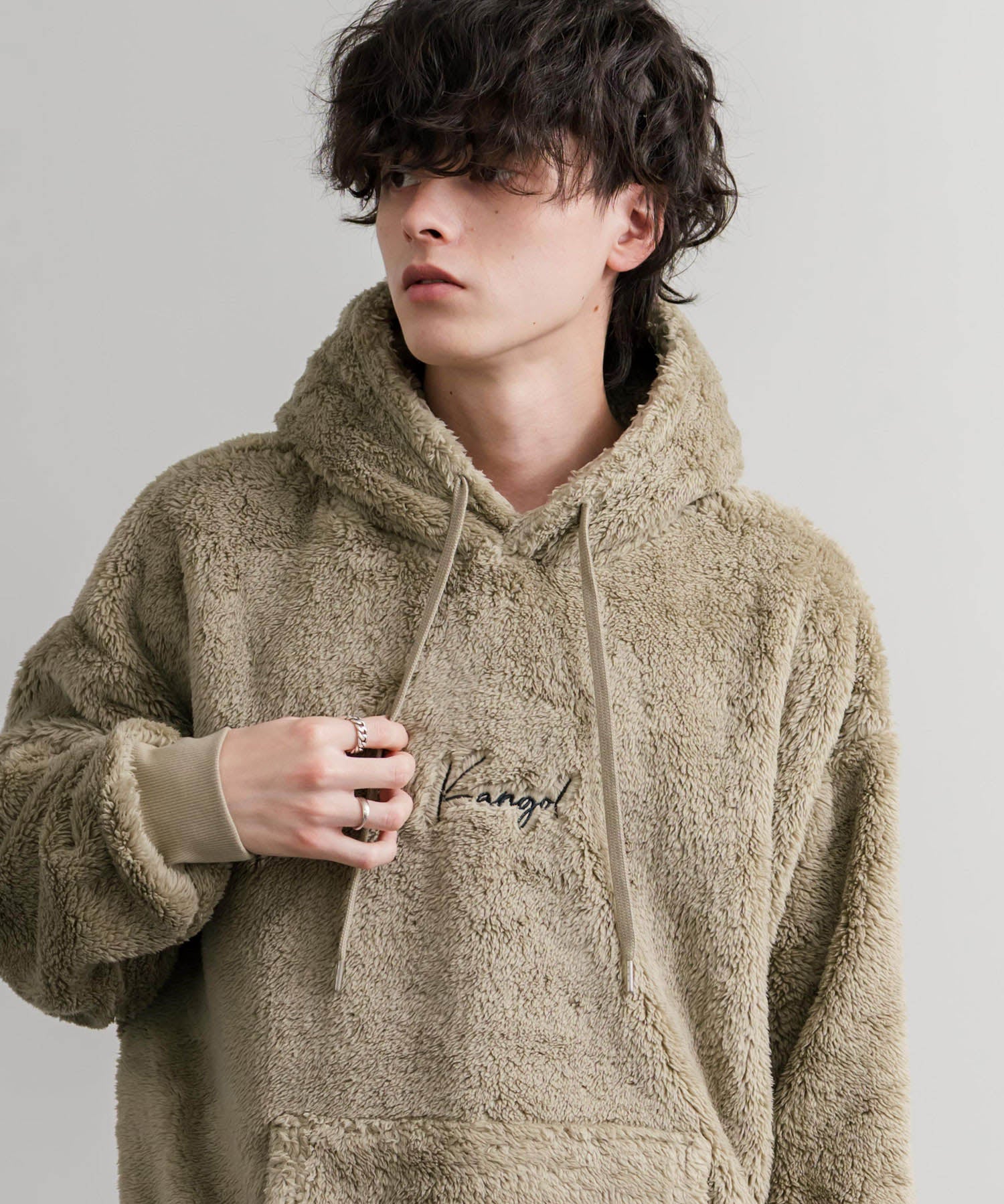 KANGOL カンゴール 別注コラボ ロゴ刺繍シャギーボアフリースプルオーバーパーカー 14624