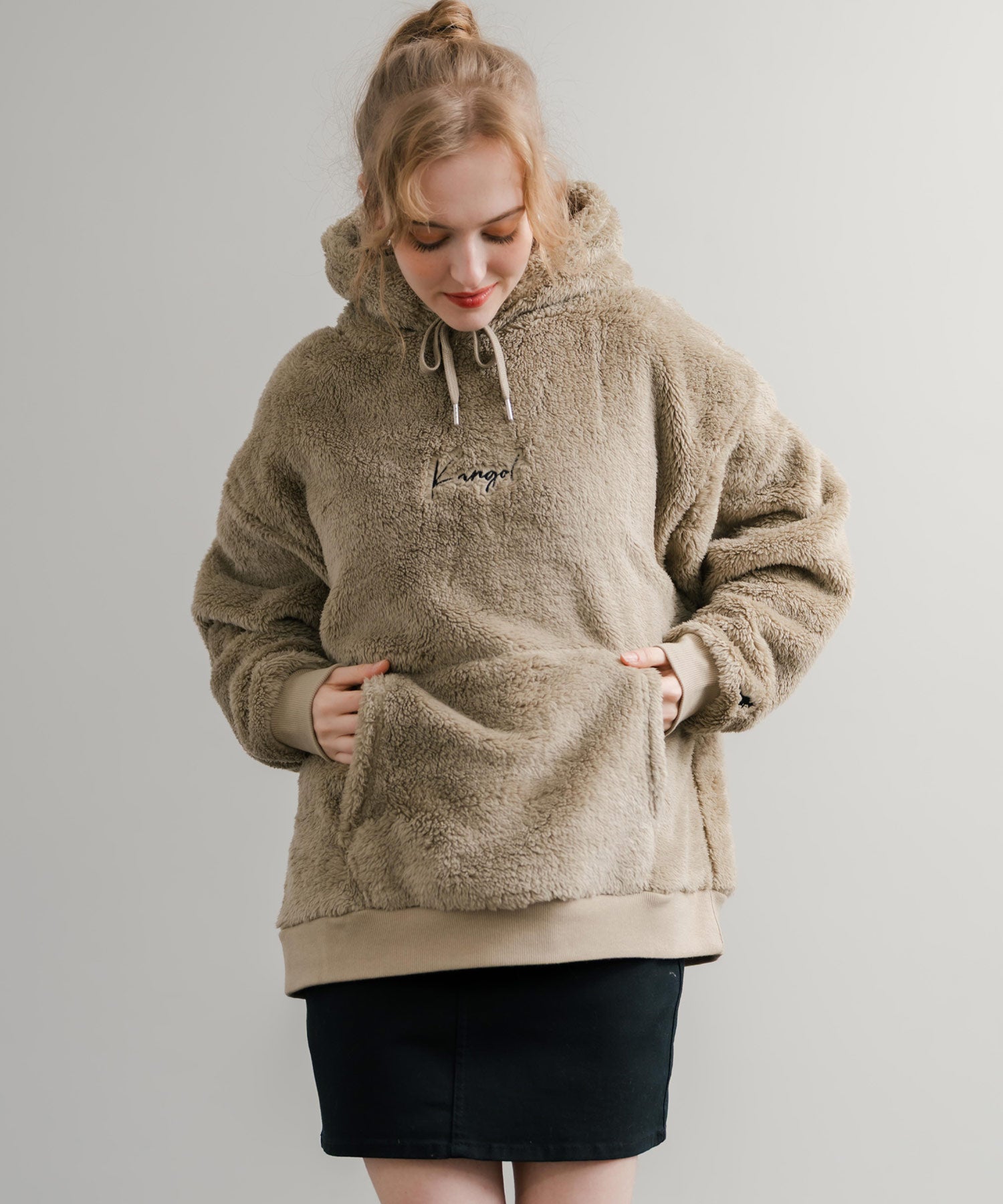 KANGOL カンゴール 別注コラボ ロゴ刺繍シャギーボアフリースプルオーバーパーカー 14624