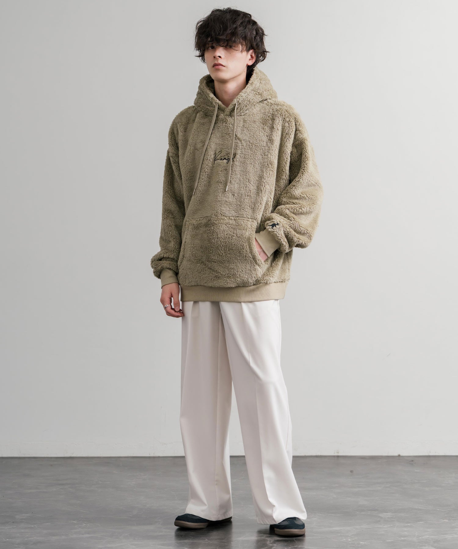 KANGOL カンゴール 別注コラボ ロゴ刺繍シャギーボアフリースプルオーバーパーカー 14624