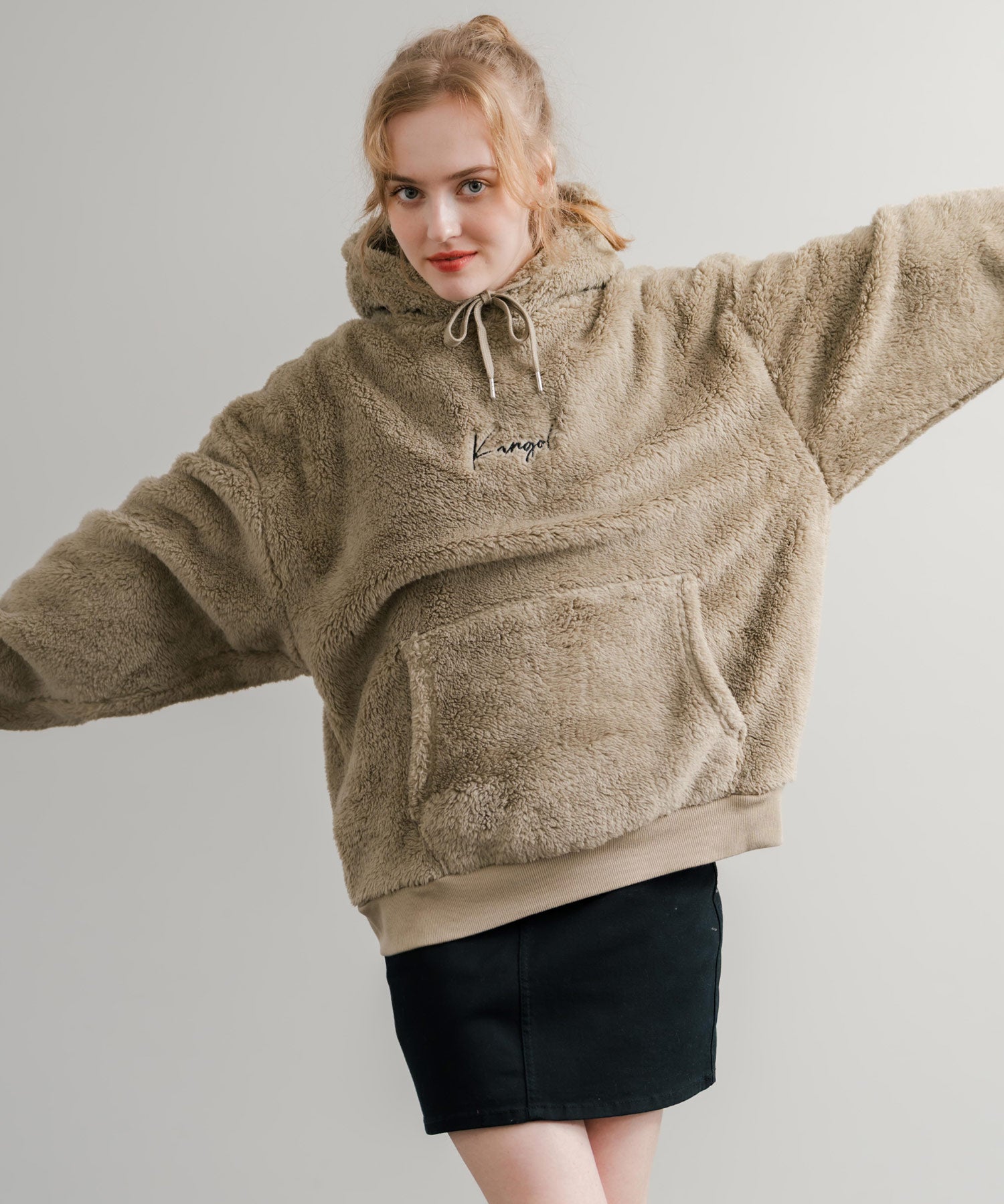 KANGOL カンゴール 別注コラボ ロゴ刺繍シャギーボアフリースプルオーバーパーカー 14624