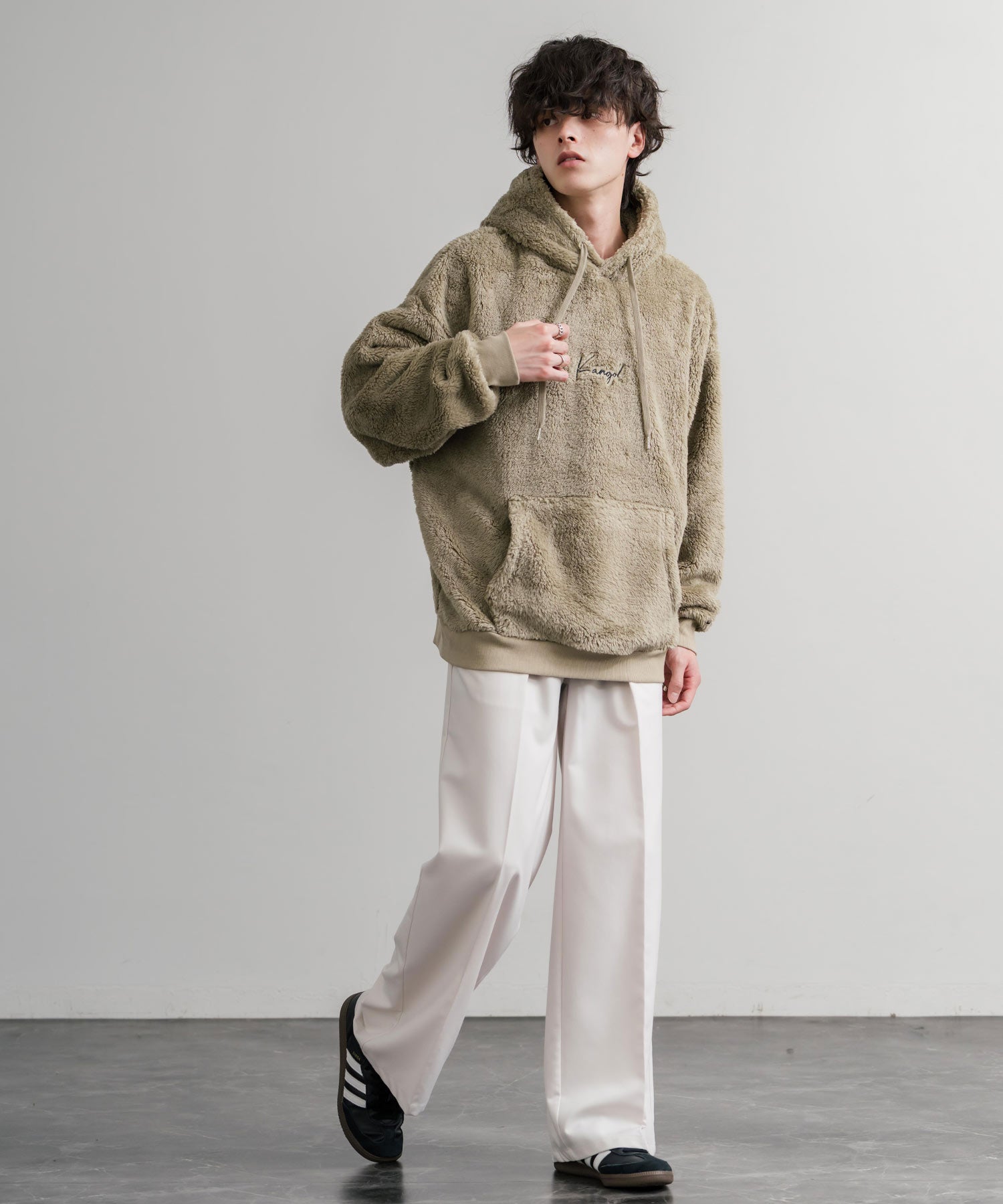 KANGOL カンゴール 別注コラボ ロゴ刺繍シャギーボアフリースプルオーバーパーカー 14624