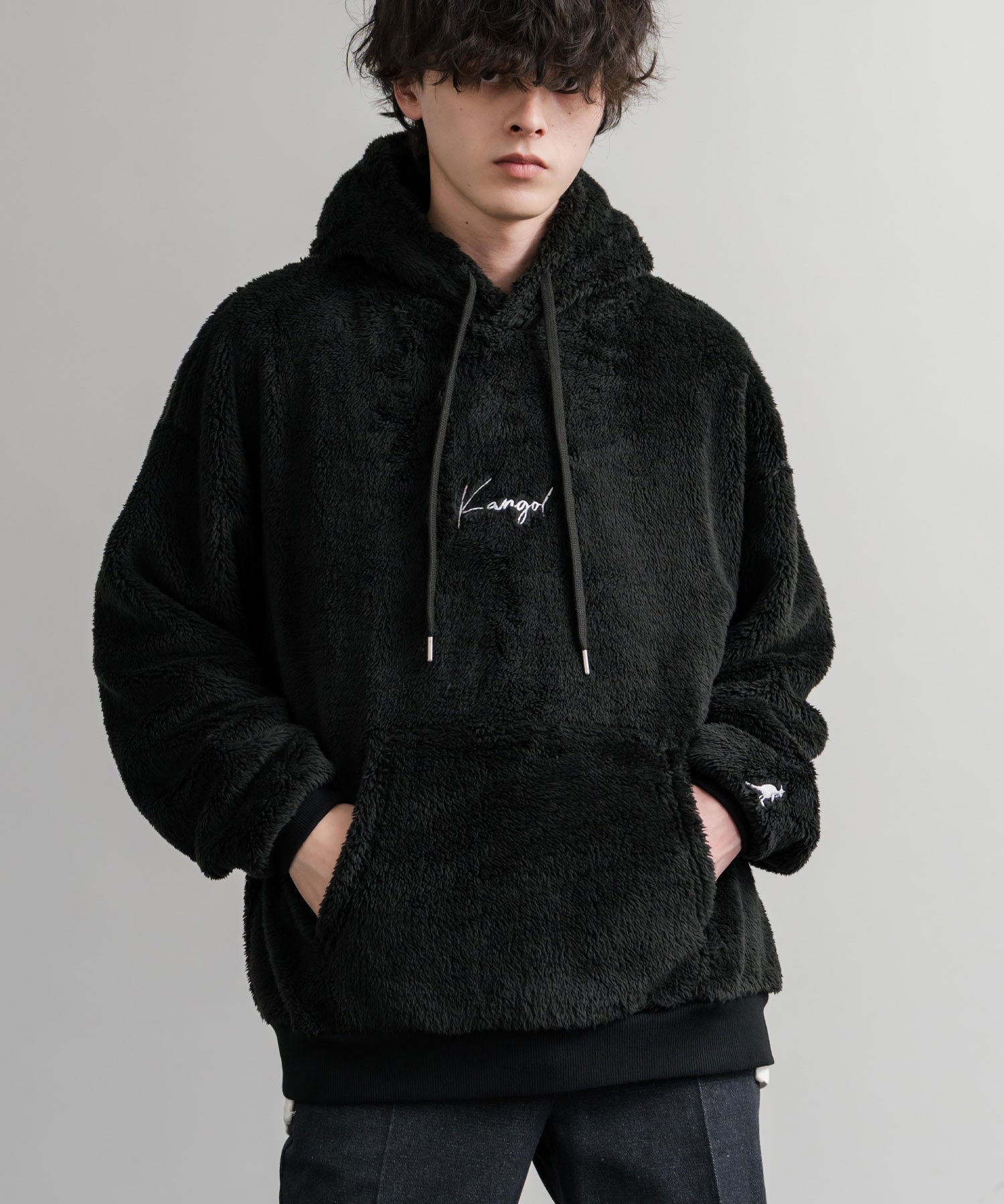 KANGOL カンゴール 別注コラボ ロゴ刺繍シャギーボアフリースプルオーバーパーカー 14624