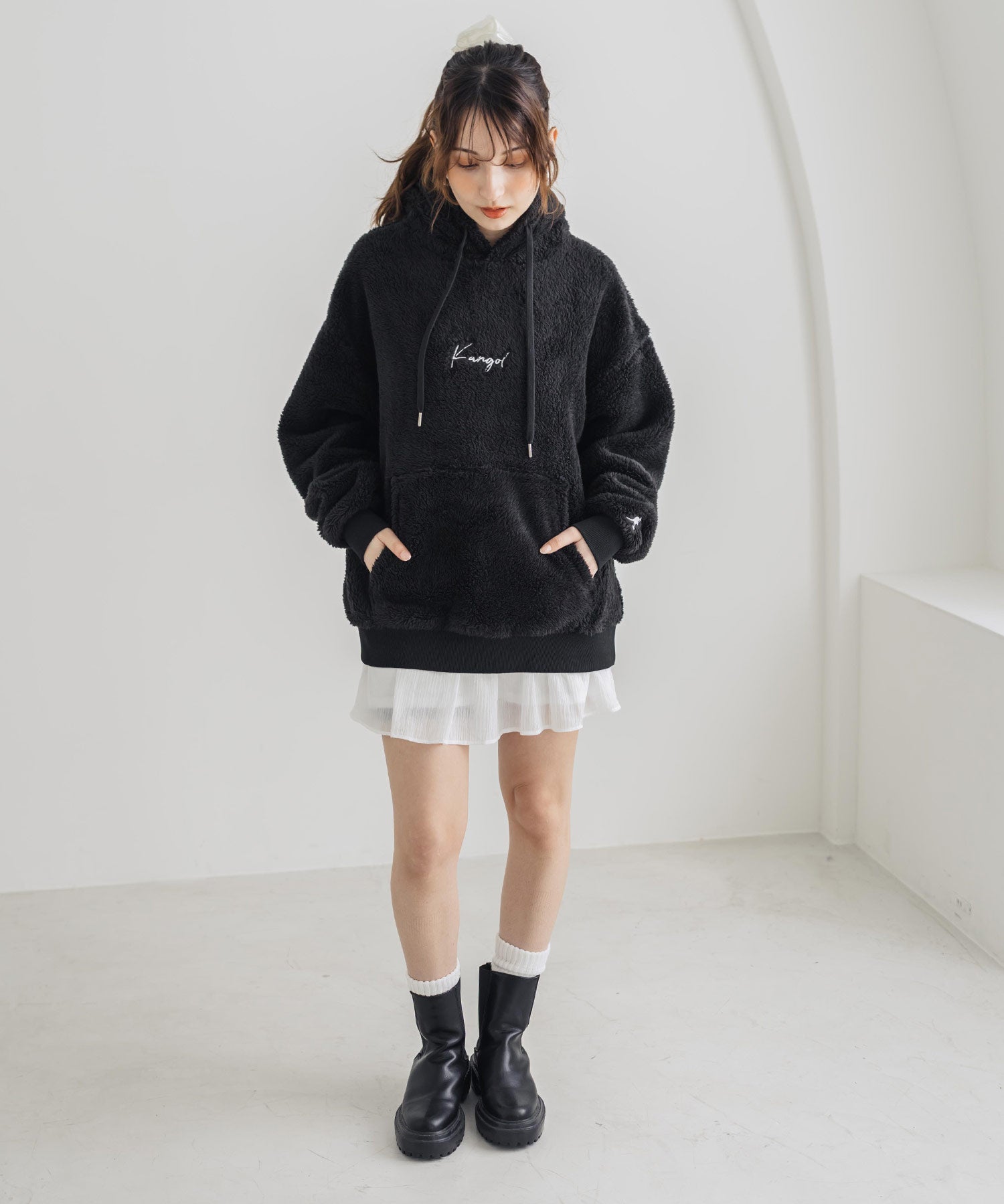 新色追加 KANGOL カンゴール 別注コラボ ロゴ刺繍シャギーボアフリースプルオーバーパーカー 14624