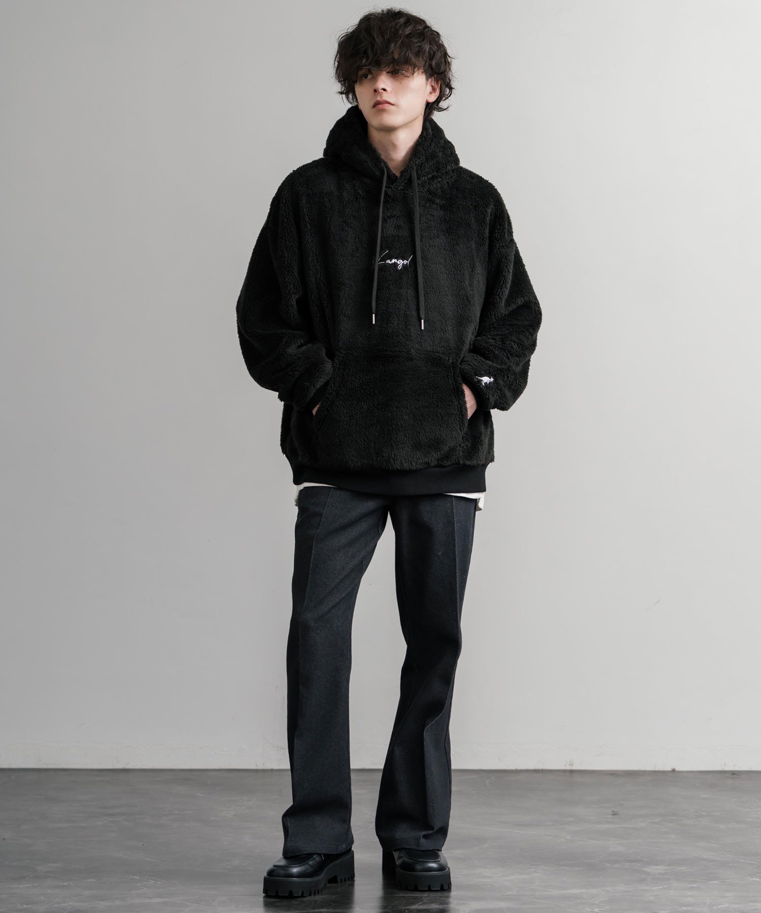 KANGOL カンゴール 別注コラボ ロゴ刺繍シャギーボアフリースプルオーバーパーカー 14624