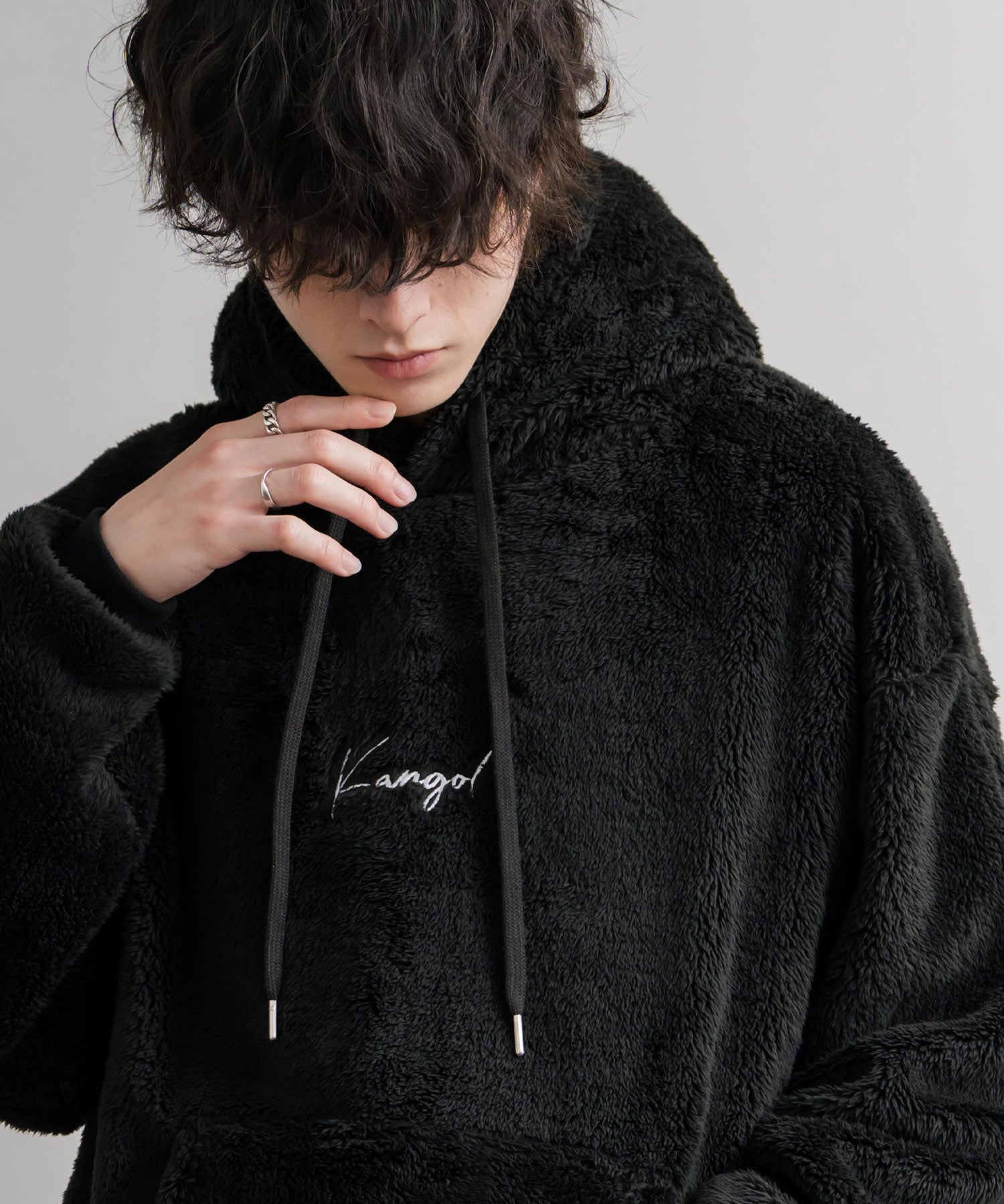 KANGOL カンゴール 別注コラボ ロゴ刺繍シャギーボアフリースプルオーバーパーカー 14624