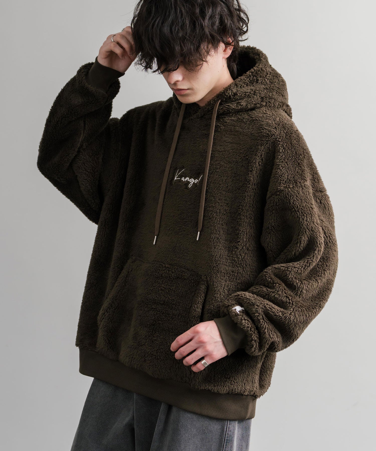 KANGOL カンゴール 別注コラボ ロゴ刺繍シャギーボアフリースプルオーバーパーカー 14624