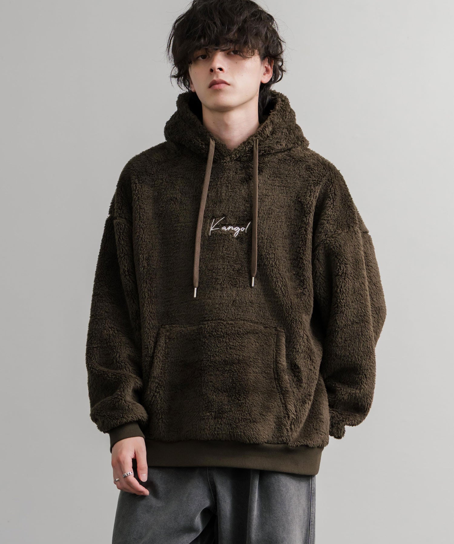 KANGOL カンゴール 別注コラボ ロゴ刺繍シャギーボアフリースプルオーバーパーカー 14624