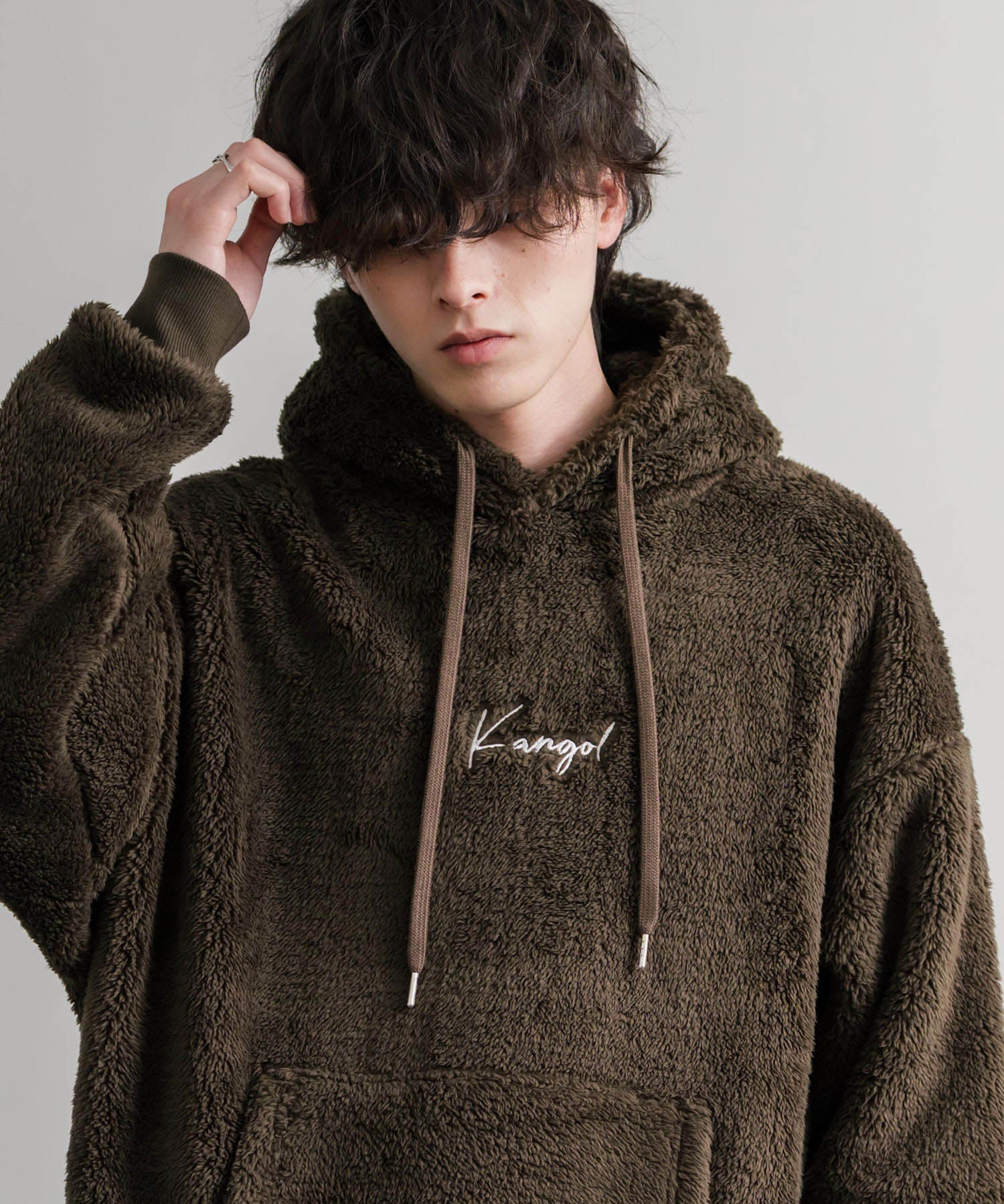 KANGOL カンゴール 別注コラボ ロゴ刺繍シャギーボアフリースプルオーバーパーカー 14624