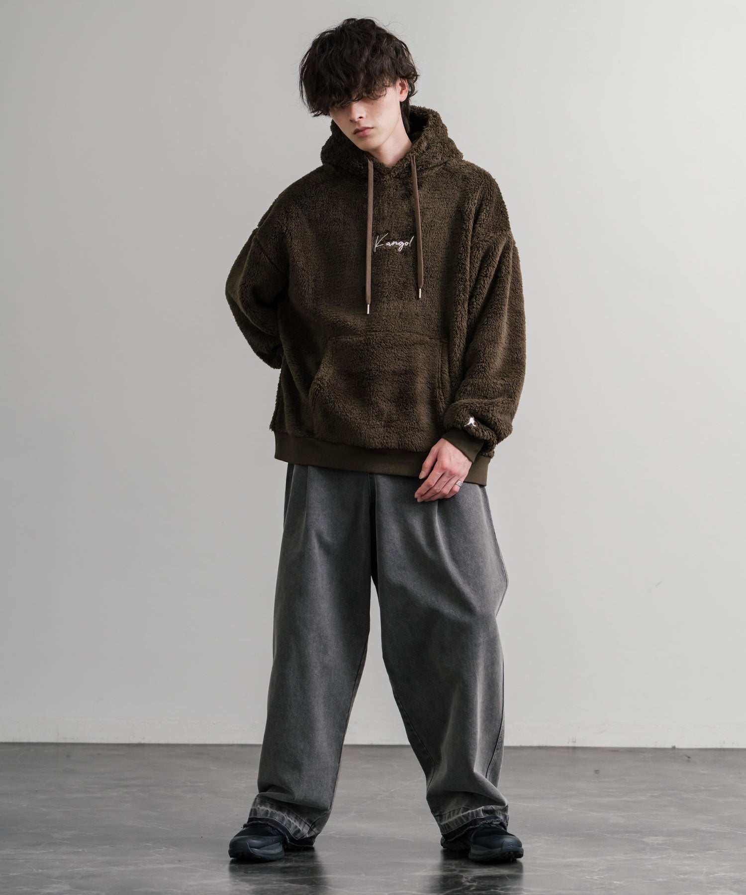 KANGOL カンゴール 別注コラボ ロゴ刺繍シャギーボアフリースプルオーバーパーカー 14624