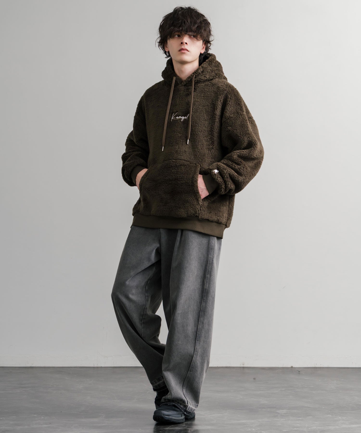 KANGOL カンゴール 別注コラボ ロゴ刺繍シャギーボアフリースプルオーバーパーカー 14624
